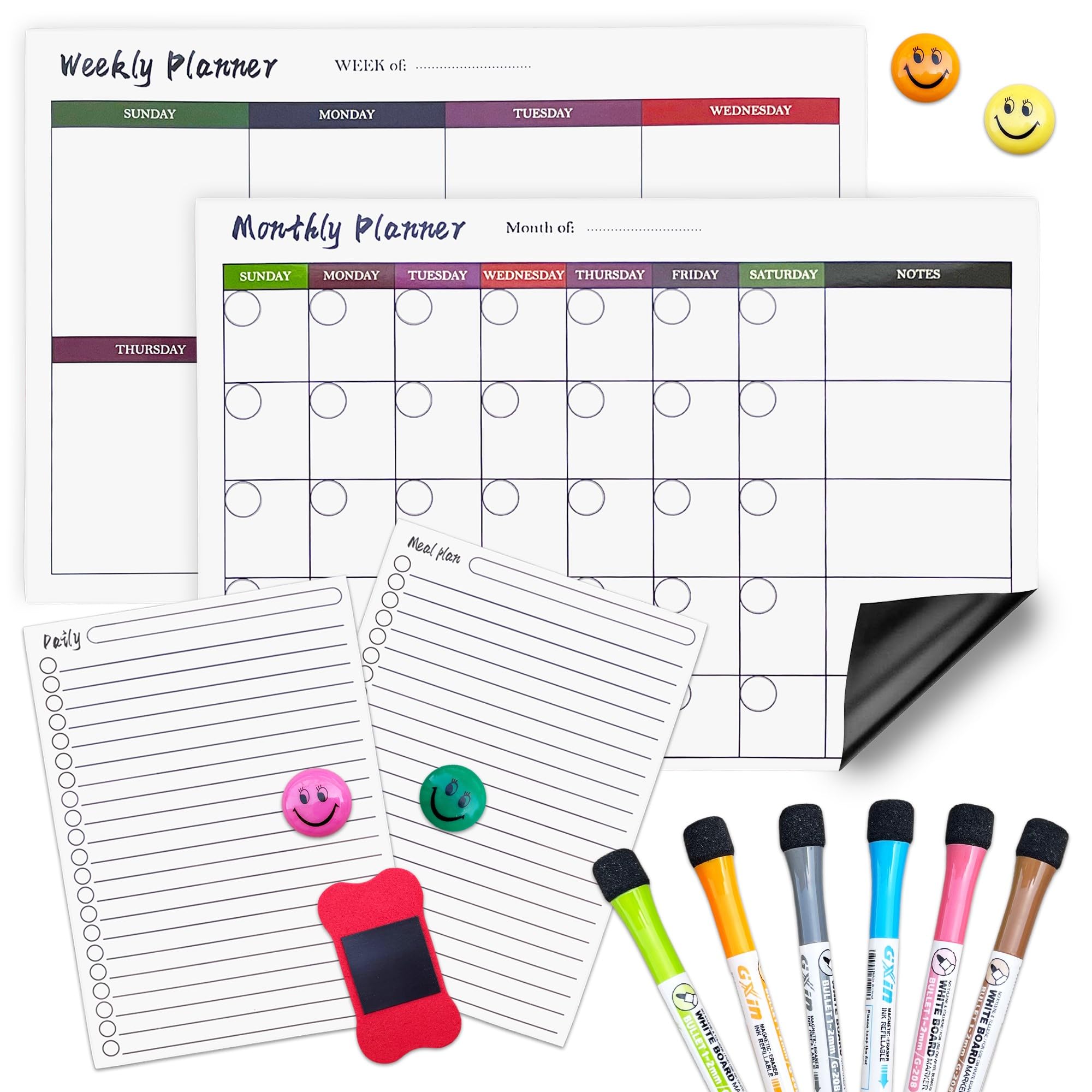 Magnetic Dry Erase Calendar Whiteboard Set (15 pieces) for Refrigerator, Wall, and Fridge Organization with Monthly, Weekly, Daily and Meal Magnetic Planners. Comes with 6 Markers,1 Eraser & 4 Emojis
