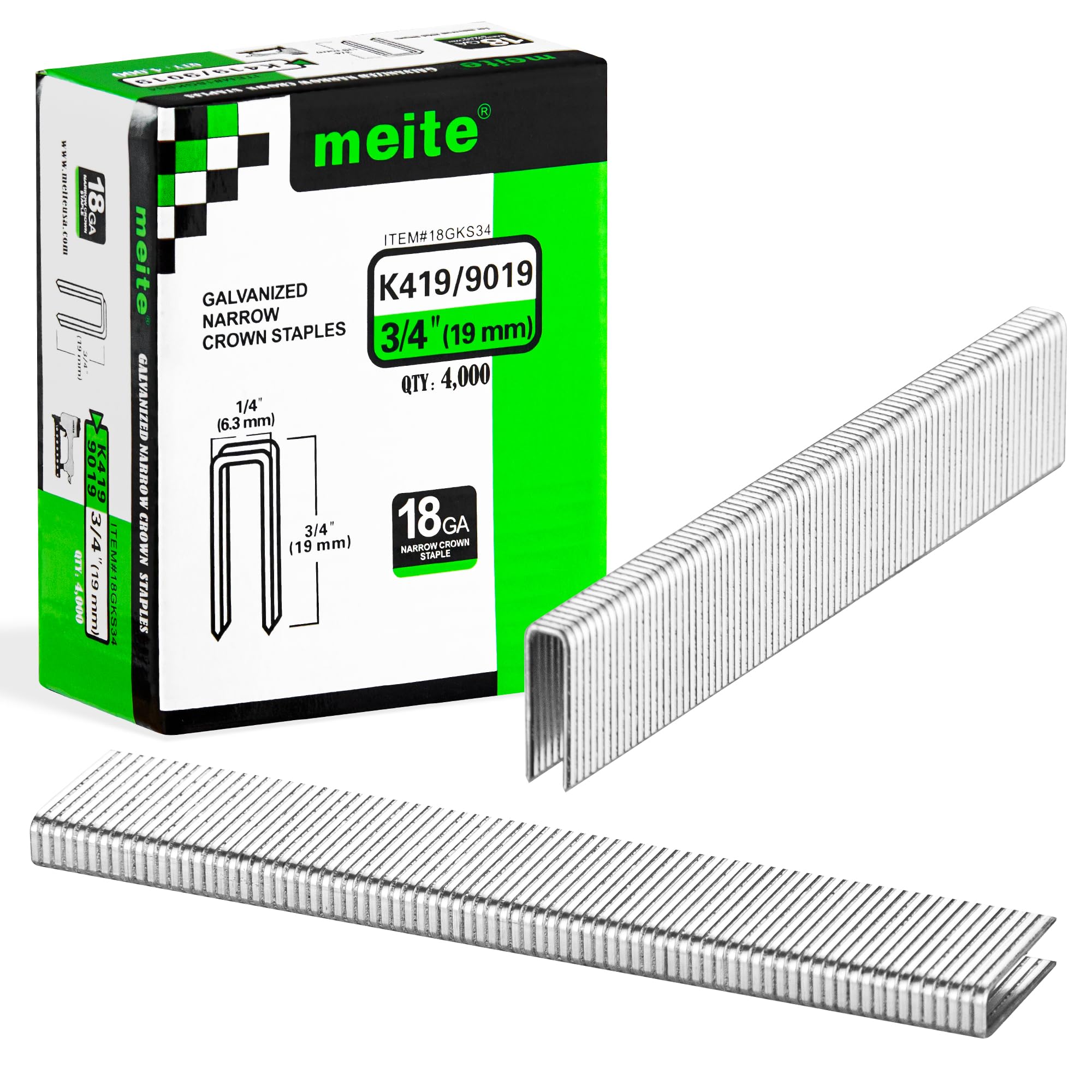 meite Type 90/19 mm Narrow Crown Staples for Staple Gun 18 Gauge Galvanised Upholstery Staples for Furniture, Wood Box, Crafts DIY 4,000 Counts/Box (1 Case - 10 Boxes)