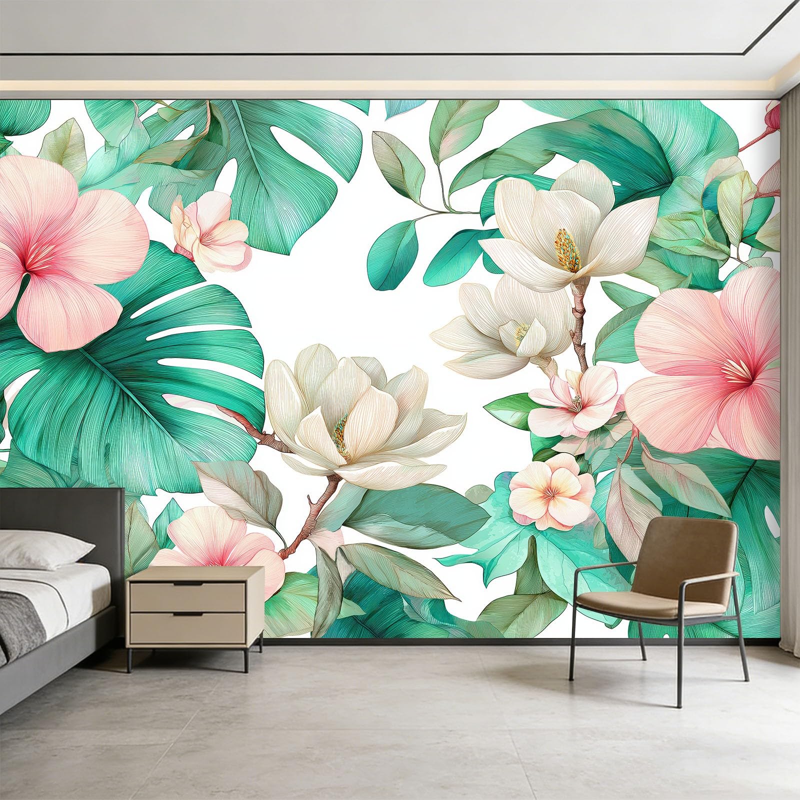 200 x 140 cm niebiesko-biała tapeta do pokoju dziecięcego, przedstawiający kwiaty Magnolia Liście Monstera Mural XXL plakat obrazy ścienne gobelin zdjęcie Trompe l'oeil do sypialni salonu kuchnia