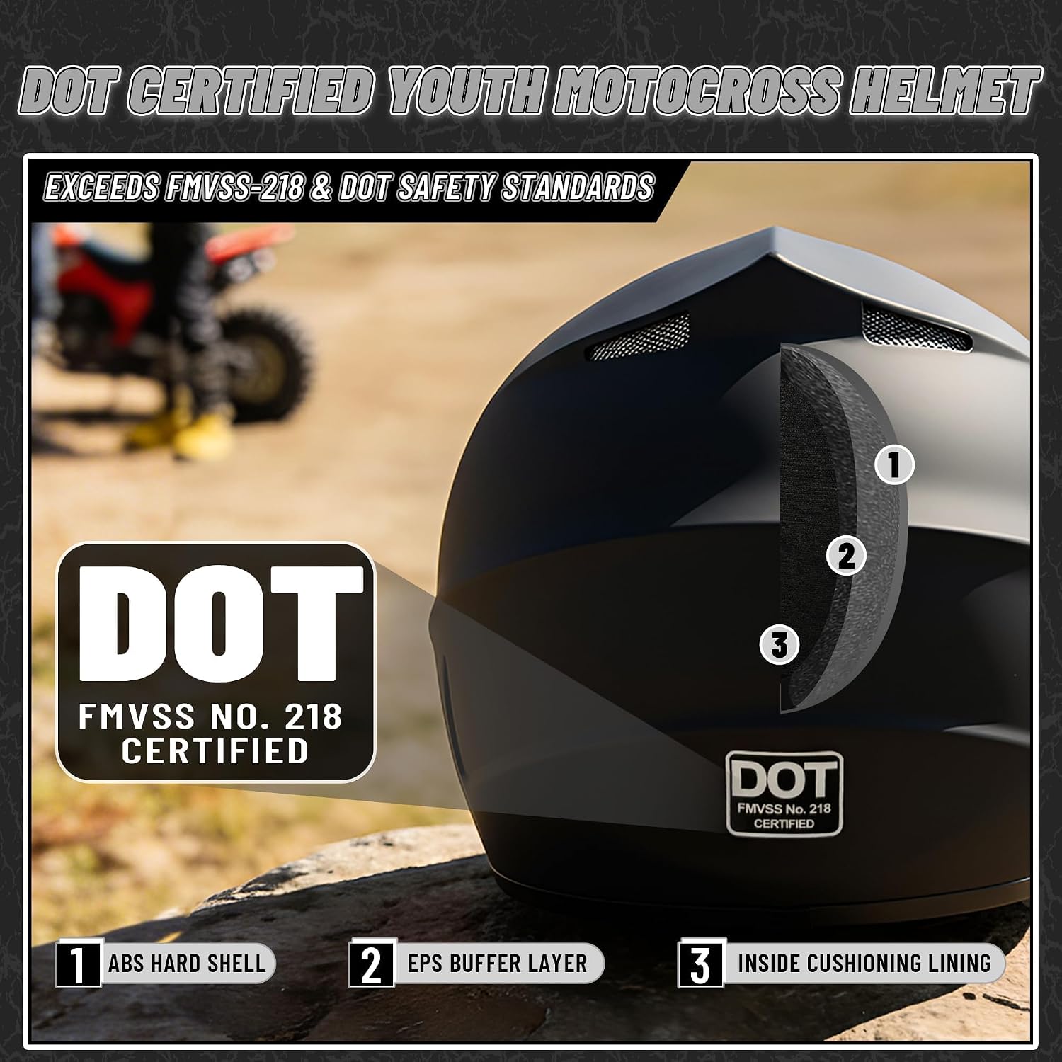 for Kids 4-16 DOT Youth Dirt Bike & ATV Helmet,Full Face Motorcycle Helmet for Four Wheeler, Motocross, BMX. MXUTV, Snowmobile, Go Kart, Racing,Skateboard,（ Matte Black，M）