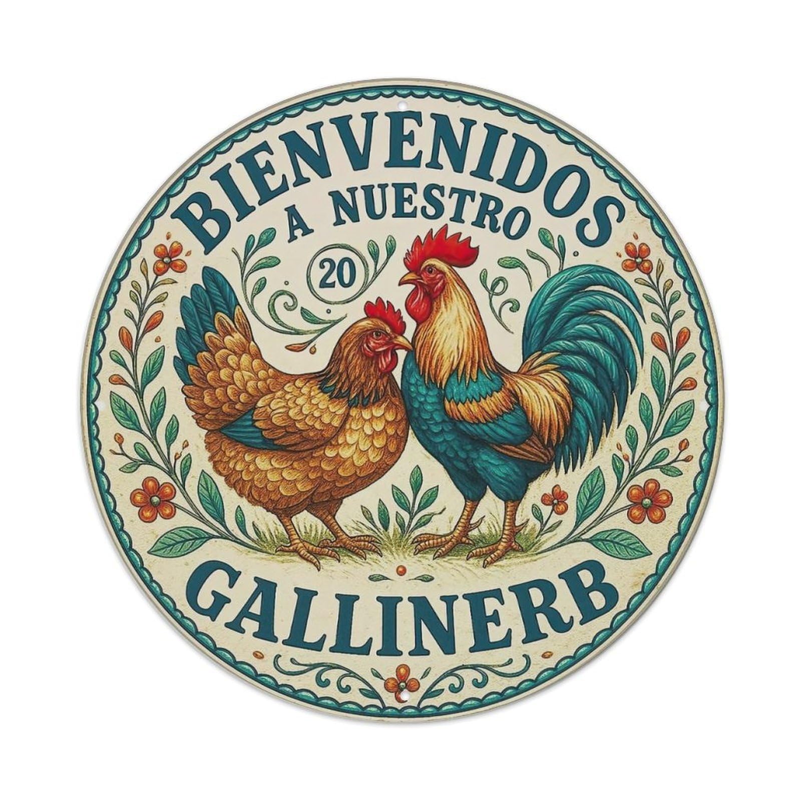 Chicken Rooster Floral Border Welcome Metal Tin Sign