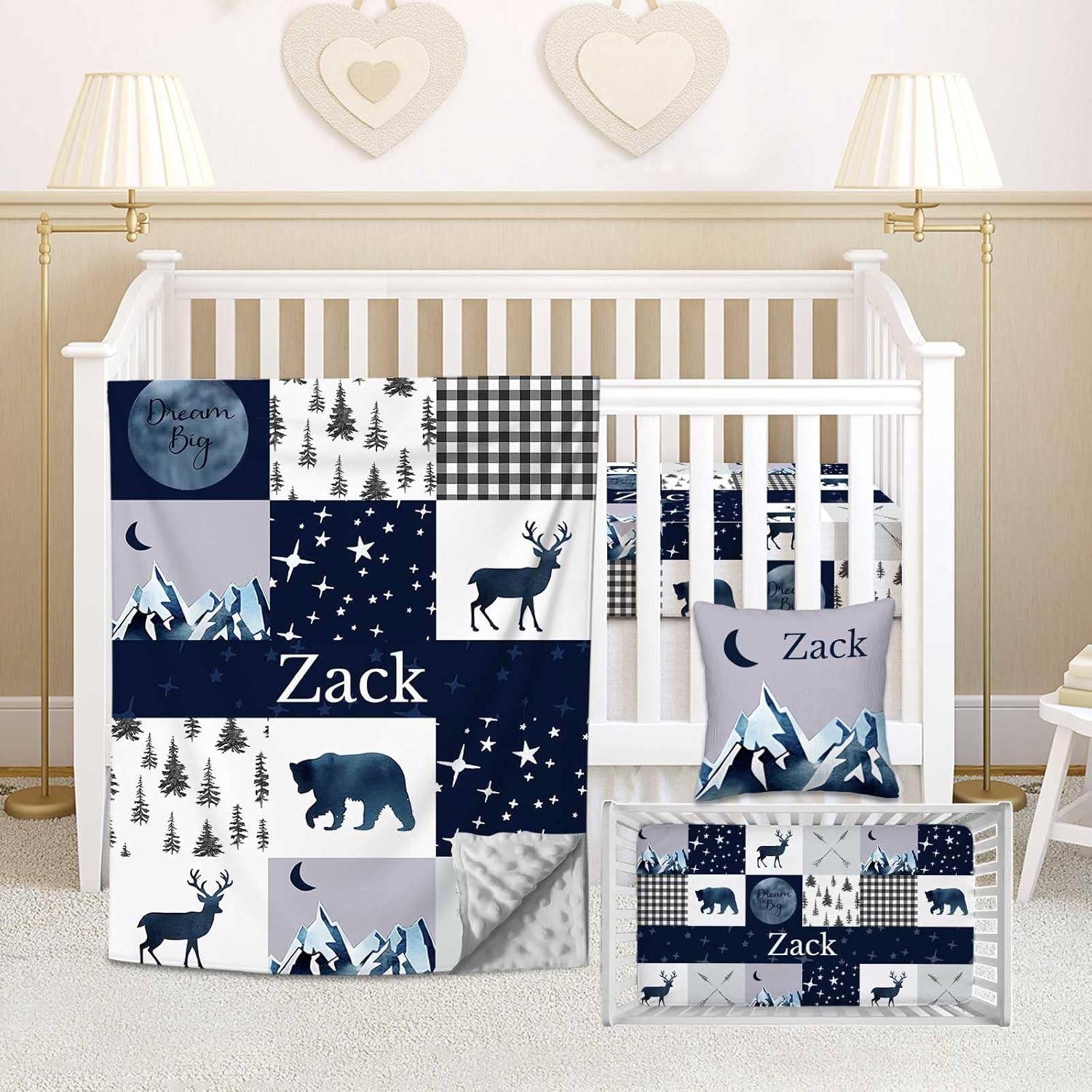 Personalized Baby Crib Bedding Set, 3 Piece Custom Name Woodland Navy for Boys, Includes Minky Blanket, Fitted Sheet, Pillowcase, Soft Crib Bedding for Newborn, Infant, Toddler, Shower Gift for Baby