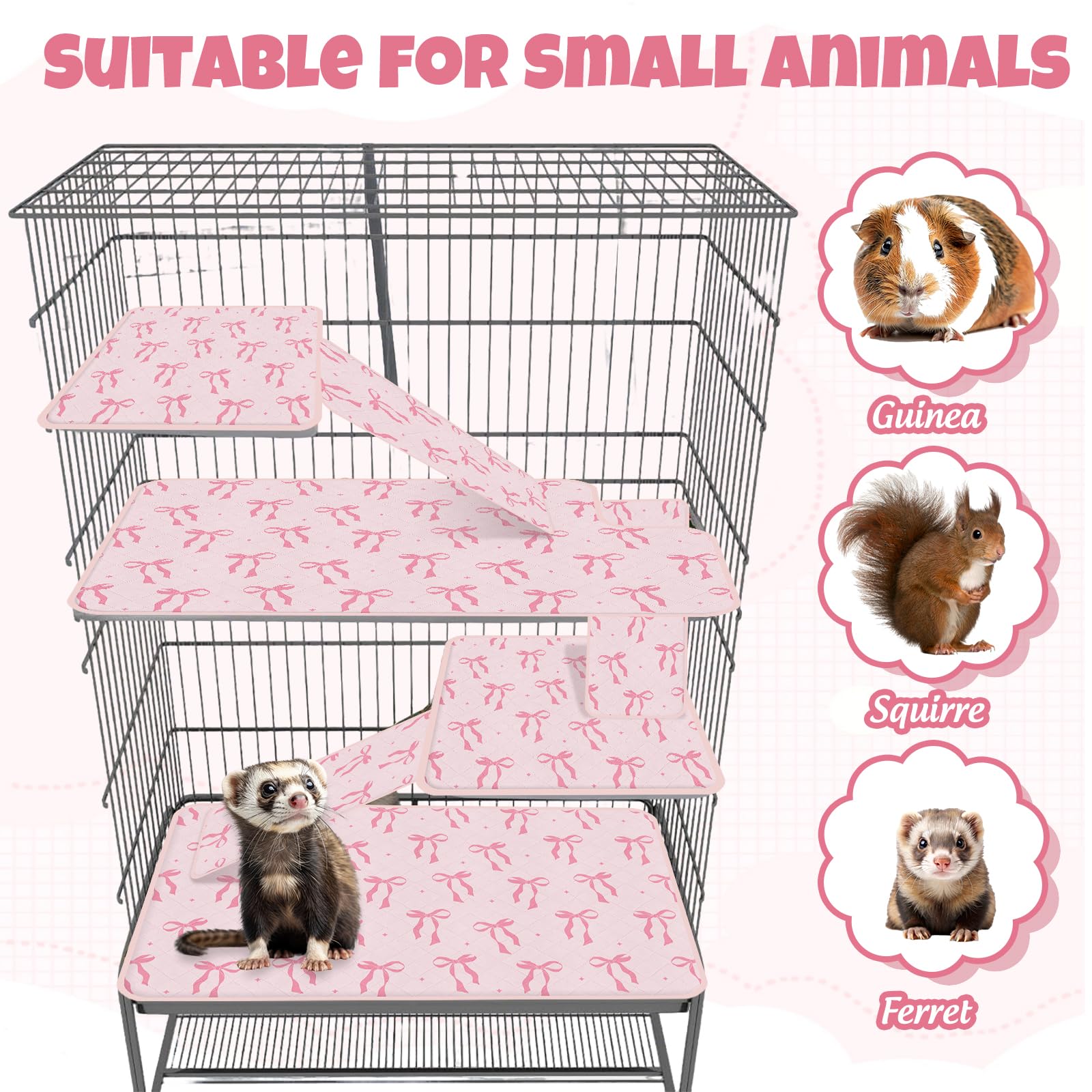 JarThenaAMCS Käfig-Set für Frettchen, Frettchen, Tiere, Nation, Käfig-Zubehör-Set, rosa Schleife, waschbar, Doppel-Einheit, Urinierpads für Hamster, Chinchillas, Kleintierzubehör, 7-teilig