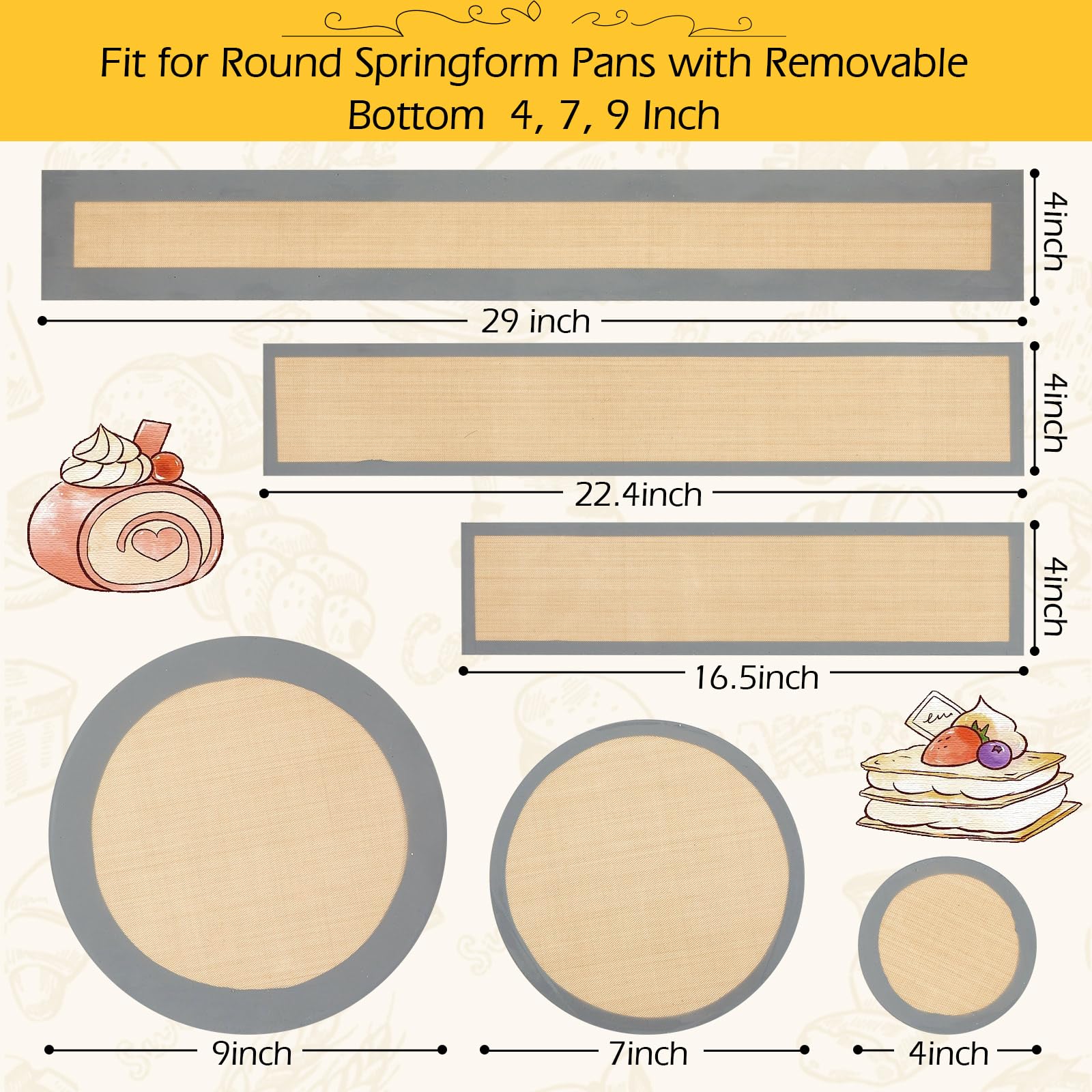 Honeydak 3 Set Silicone Baking Mat for 4, 7, 9 Inch Springform Pan Protector Prevent Cake from Sticking to Bottom and Side Easy Clean Nonstick Silicone Liners for Baking Cheesecake Pan