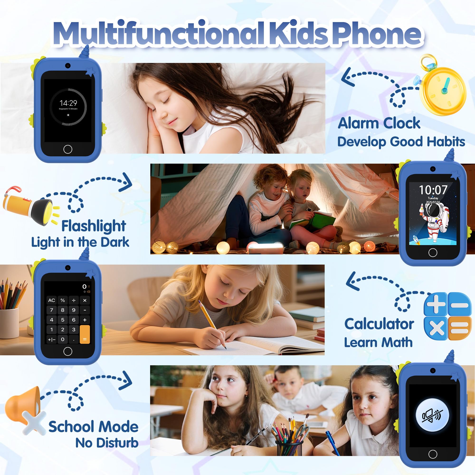 4G Téléphone Portable pour Enfants,Smartphone Enfant avec GPS Appel Vidéo Chat Familial SOS Double Caméra Podomètre Alarme Mode école,Téléphone Mobile Intelligent Cadeau d'anniversaire de Noël