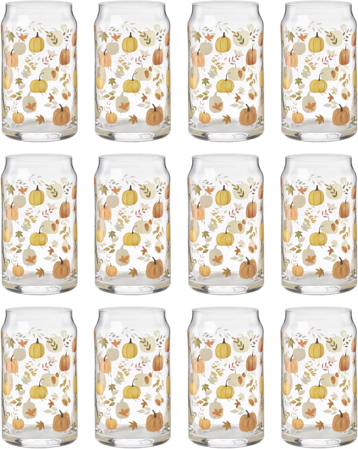 Cambridge Drinking Glasses, Harvest Can Cooler Glasses, Set of 12, Dishwasher Safe, Glass Cups, Autumn Iced Coffee Cups, Pumpkins Leaves Fall Theme, Thanksgiving, 1 Design (12 Piece, 16 FL Oz)