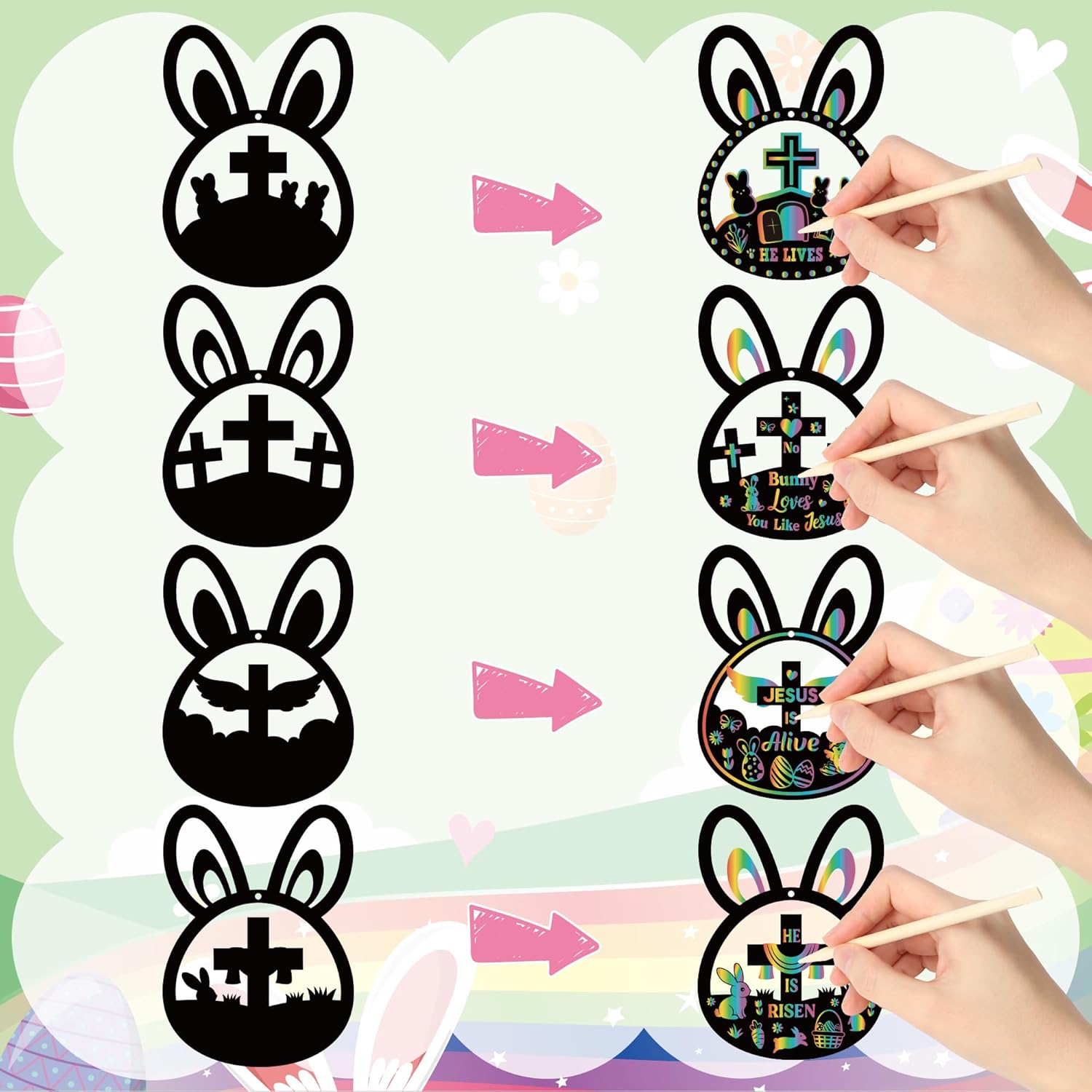 CY2SIDE 60PCS Bunny Cross Scratch Cards Gift, HE is Risen DIY Scratch Paper Craft Kit for Kids Sunday School Activity No Bunny Loves You Like Jesus Magic Art Rainbow Color Hanging Ornament Party Decor