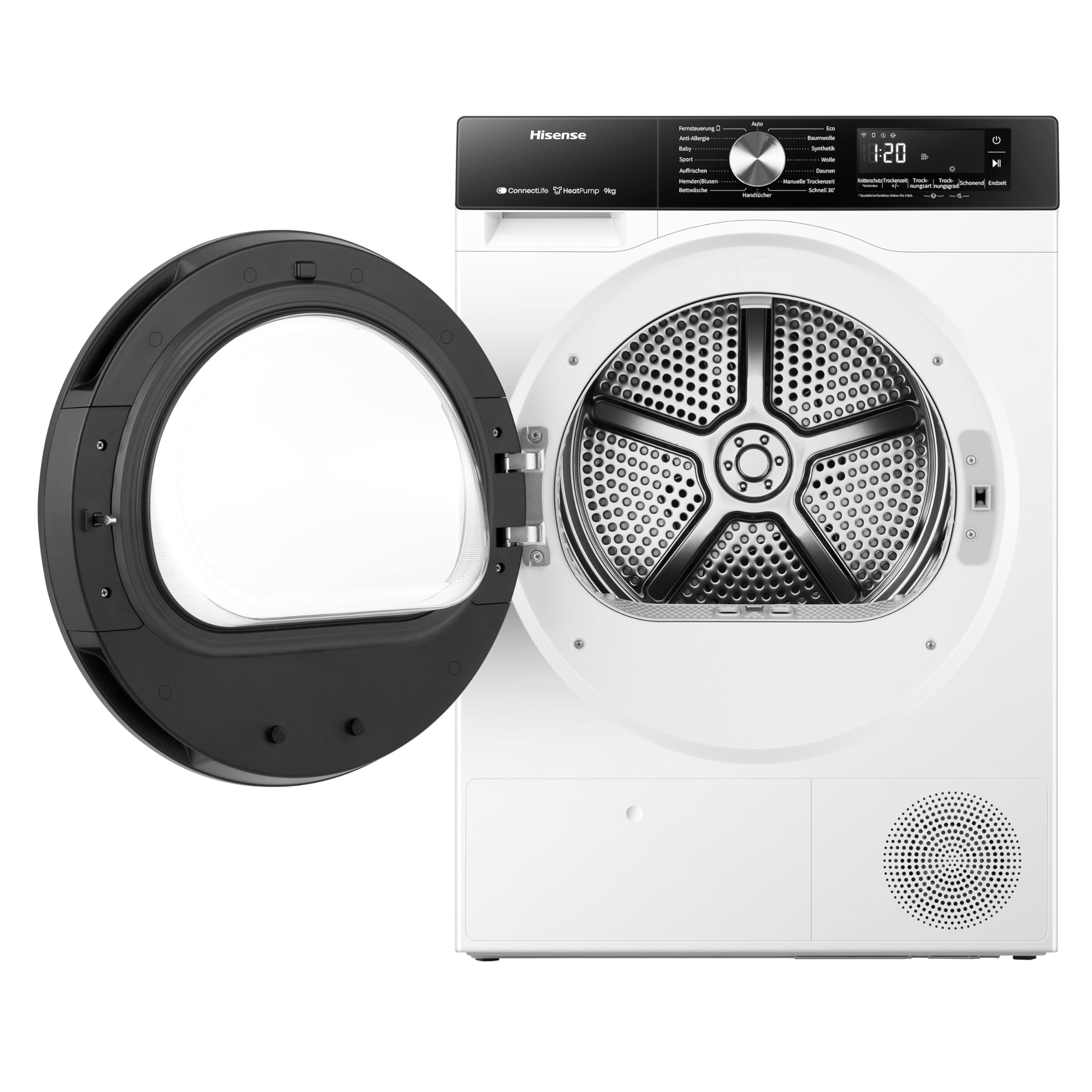 Hisense DH3S902BWCC Kondenstrockner mit Wärmepumpe / 9KG / 16 Programme/ConnectLife/Autodry/QuickDry/Allergie-Pflege/Auffrischen/TwinAir/DelayEnd/Feuchtesensor/EEK: C/Weiß
