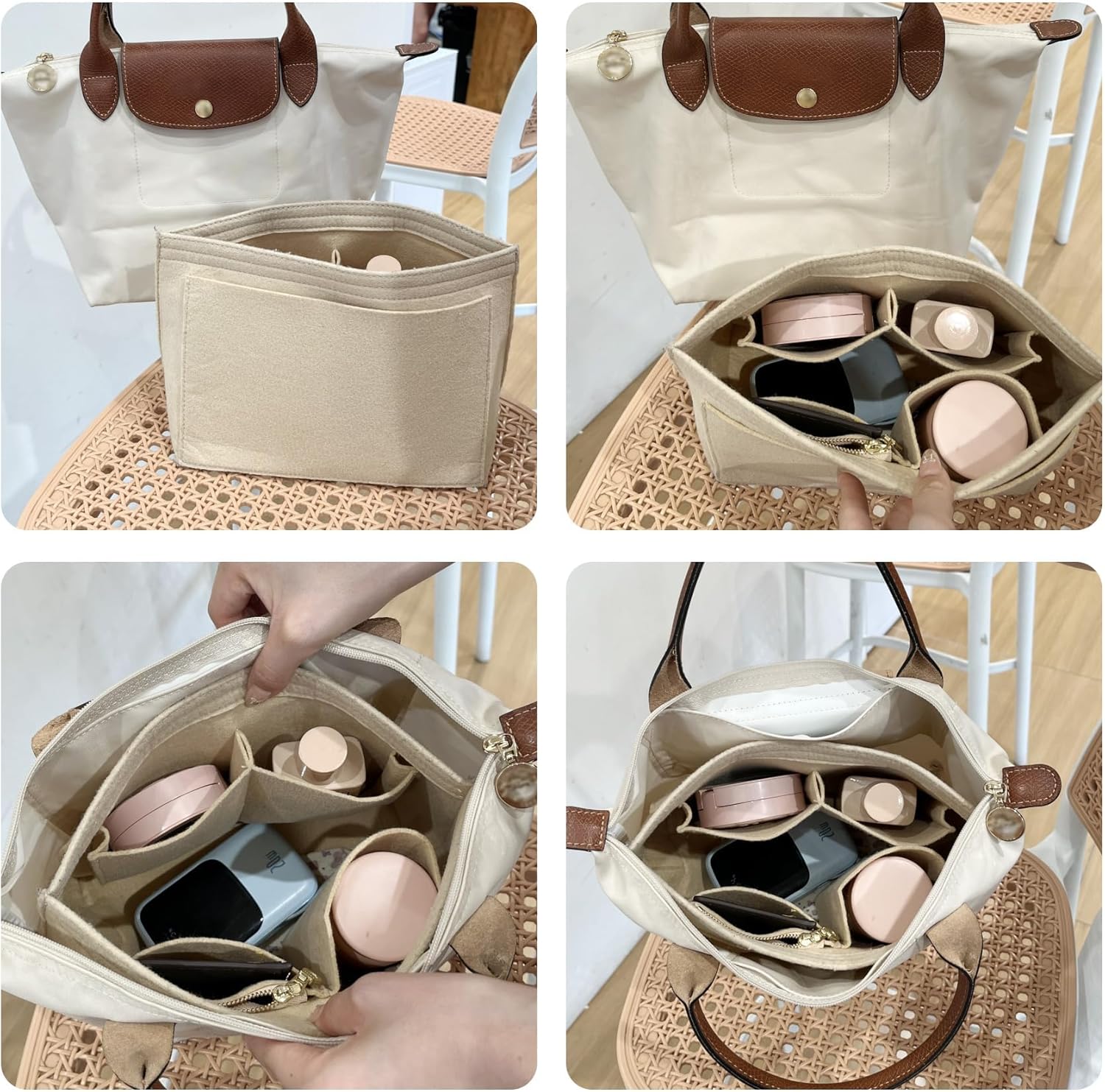 Felt Purse Organizer Insert Compatible with Longchamp Le Plaige M Tote Bag, Zipper Long Champ Medium Organizer with Cup Holder for Tote Handbags, 8 Compartments (Gold Brown,M)