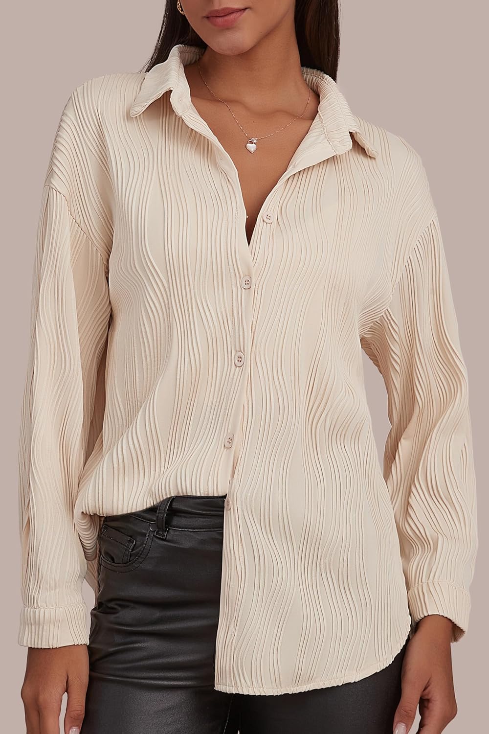 CHYRII Womens Textured Button Down Long Sleeve Shirt Casual Work Office Blouse Top - Image 7