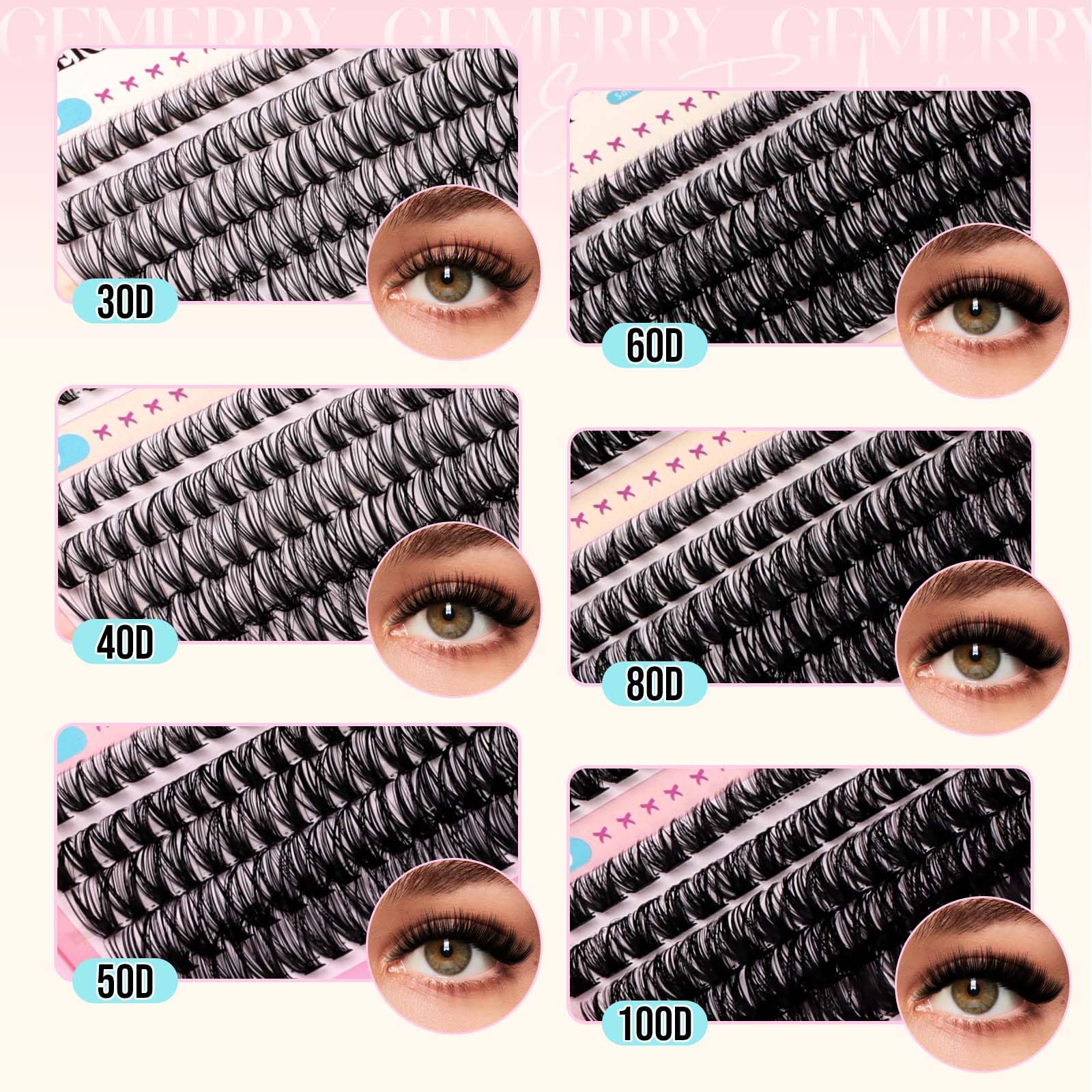 GEMERRY Pestañas Postizas 30D+40D+50D+60D+80D+100D D Curl 8-16mm Mix Pestañas Pelo a Pelo para Extensiones de Pestañas Cluster Lashes — view 4