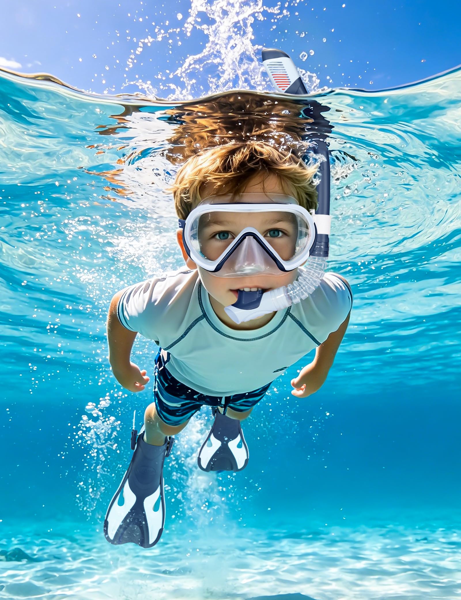 Supertrip Set per Snorkeling per Bambini con Pinne, Maschera Subacquea Panoramica a 180°, Pinne Regolabili e Boccaglio Dry Premium，Set da Snorkeling 4 in 1 per Bambini dai 6 ai 14 Anni