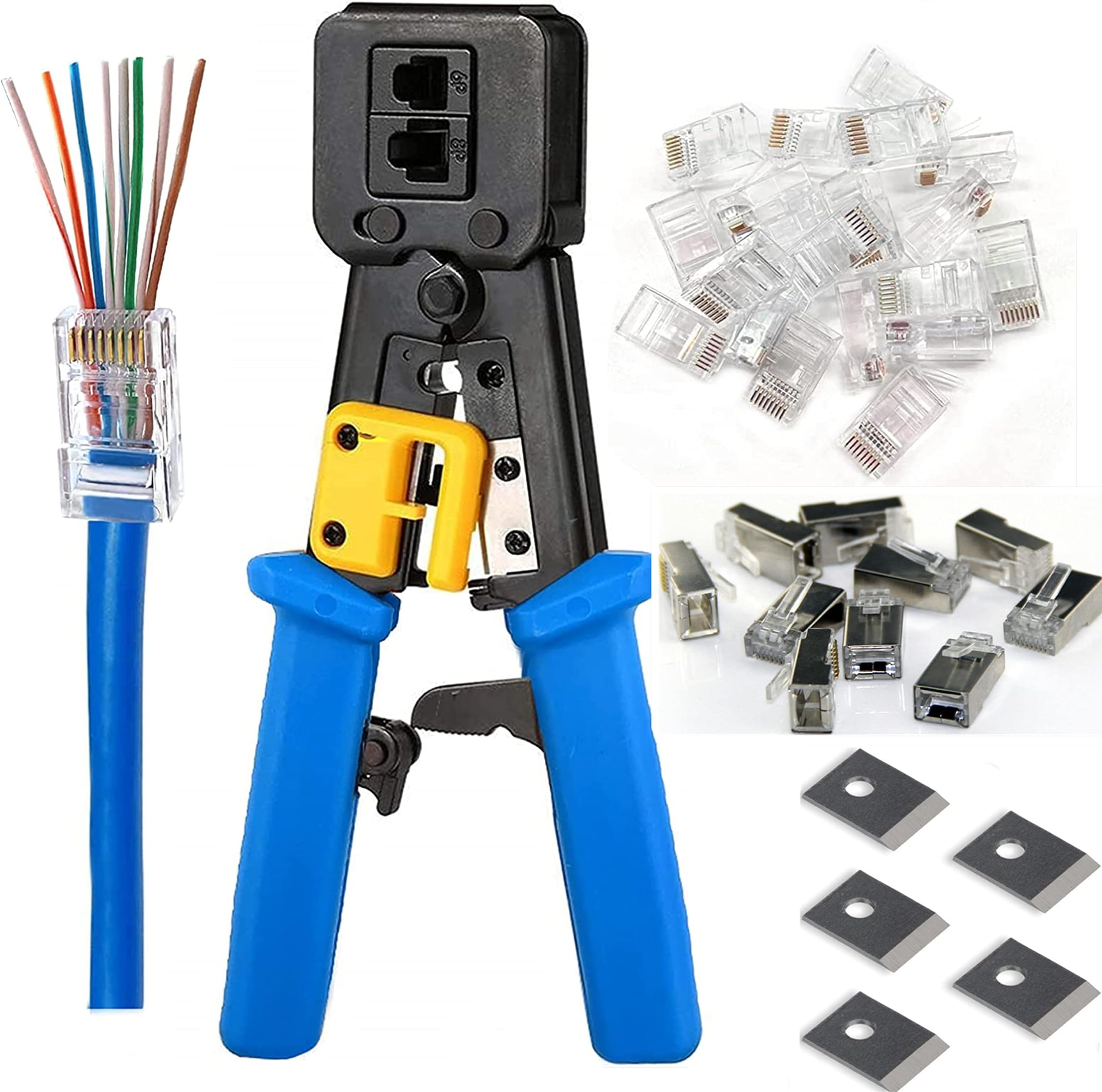 RJ45 Crimp Tool Ethernet Pass Thru Crimper with 5Pack 8Pin Replacement Blades and Cat6 Connectors 20Pcs for Cat5 Cat5e Cat6 RJ45 RJ12 Regular and Pass Through Ends Comes