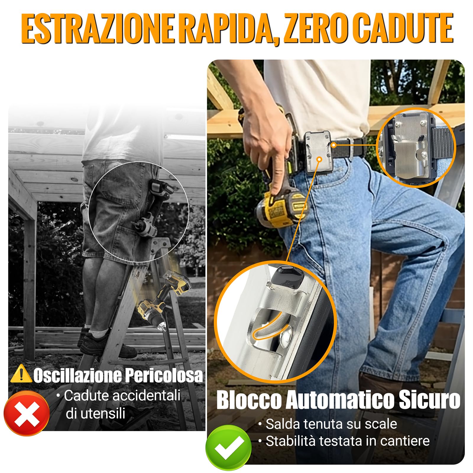 Porta Attrezzi da Cintura - Supporto Clip-on in Acciaio Inossidabile 304, Cintura Porta per Utensili per Ganci, per Trapani Senza Fili, Avvitatori ad Impulsi, Chiodatrici, Metri a Nastro