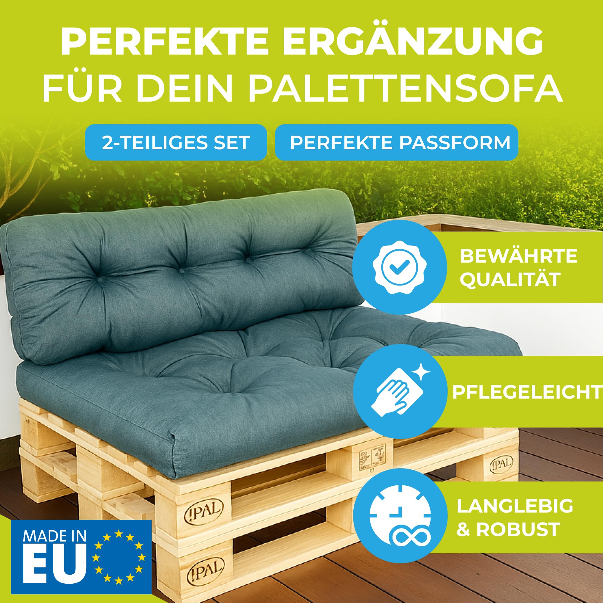 Zestaw 2 poduszek na palety | Pikowane siedzisko i oparcie do mebli z europalet | Do ogrodu i wnętrz | Wodoodpychająca tkanina z ochroną UV | Wyprodukowane w Polsce | Grafit