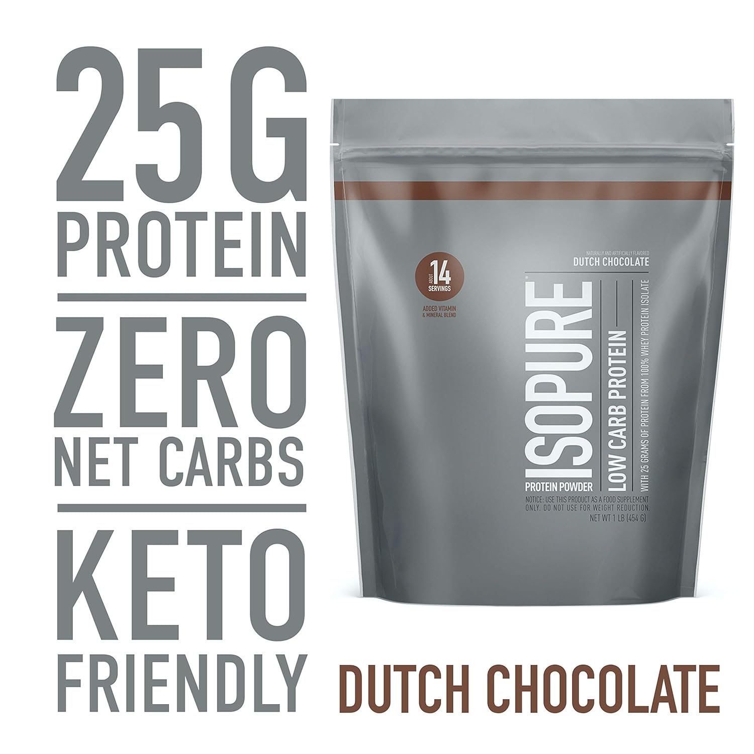 Isopure Low Carb, Vitamin C and Zinc for Immune Support, 25g Protein, Keto Friendly Protein Powder, 100% Whey Protein Isolate, Flavor: Dutch Chocolate, 1 Pound (Packaging May Vary) : Health & Household