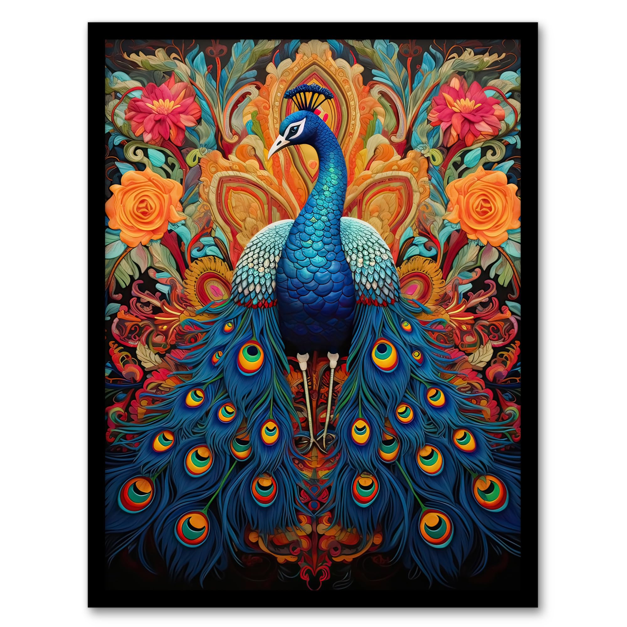 Artery8 Royal Peacock Oil Painting Blue Orange Pink Exotic Bird Symmetrical Floral Portrait Artwork Framed Wall Art Print 18X24 Inch