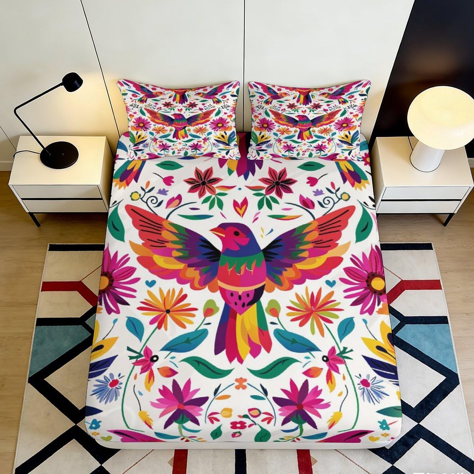 3D Printed Vibrant Hummingbird Floral Fitted Sheet Microfiber Soft Colourful Bed Cover for Bedroom Guest Room Decor 90x200x25cm