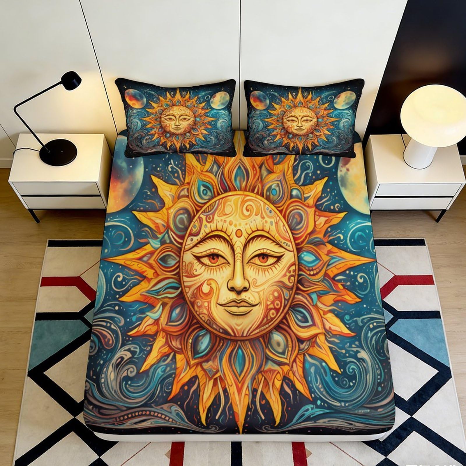 3D Printed Sun and Moon Fitted Sheet Microfiber Soft Breathable Celestial Bed Cover for Bedroom Dormitory Guest Room Mattress Protection Decor 120x200x25cm