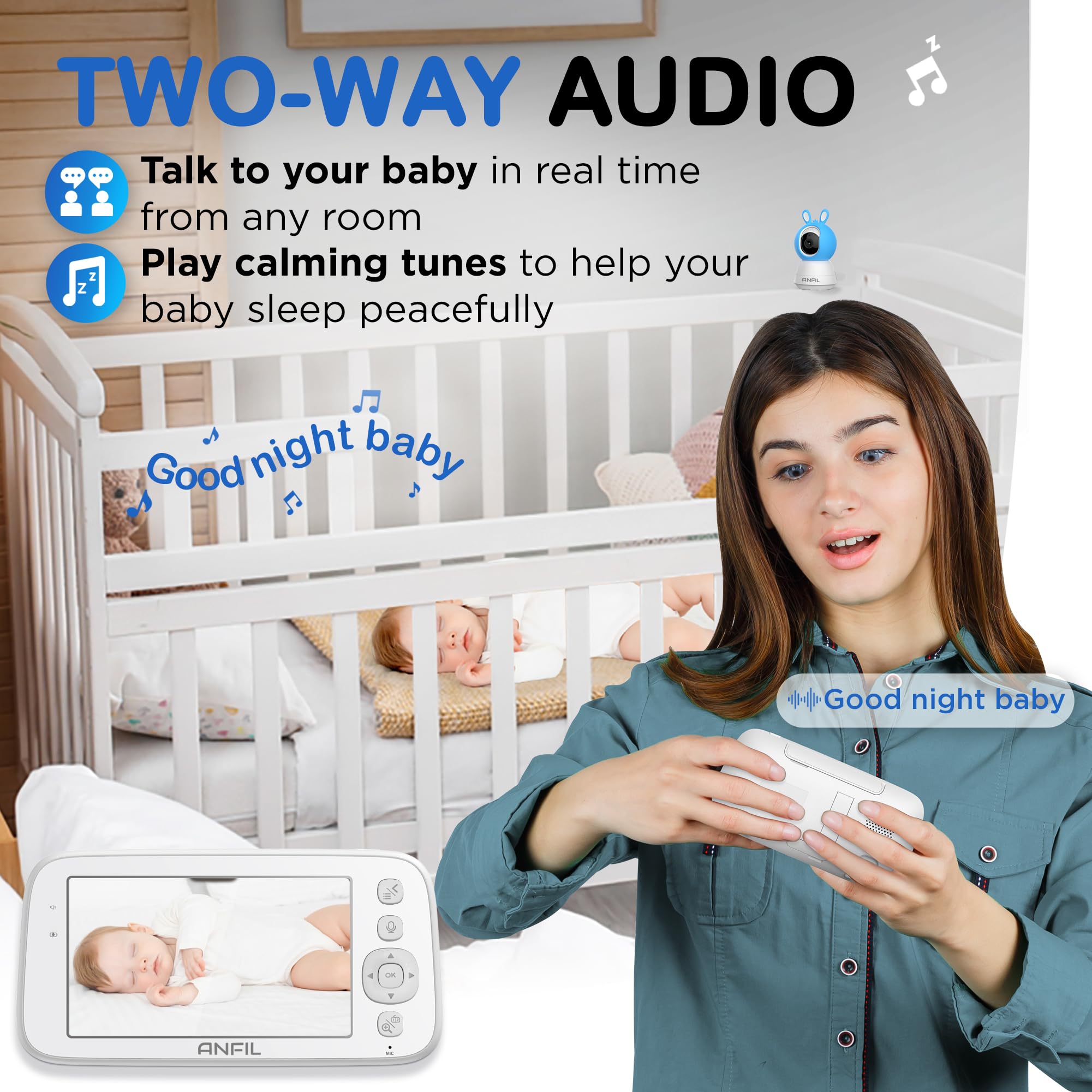 Elektroniczna niania z kamerą bez Wi-Fi – wyświetlacz 5", widoczność w nocy, tryb VOX, monitorowanie temperatury, 2-drożne audio, monitorowanie dziecka, tryb ECO, wychylny 355°, kąt nachylenia