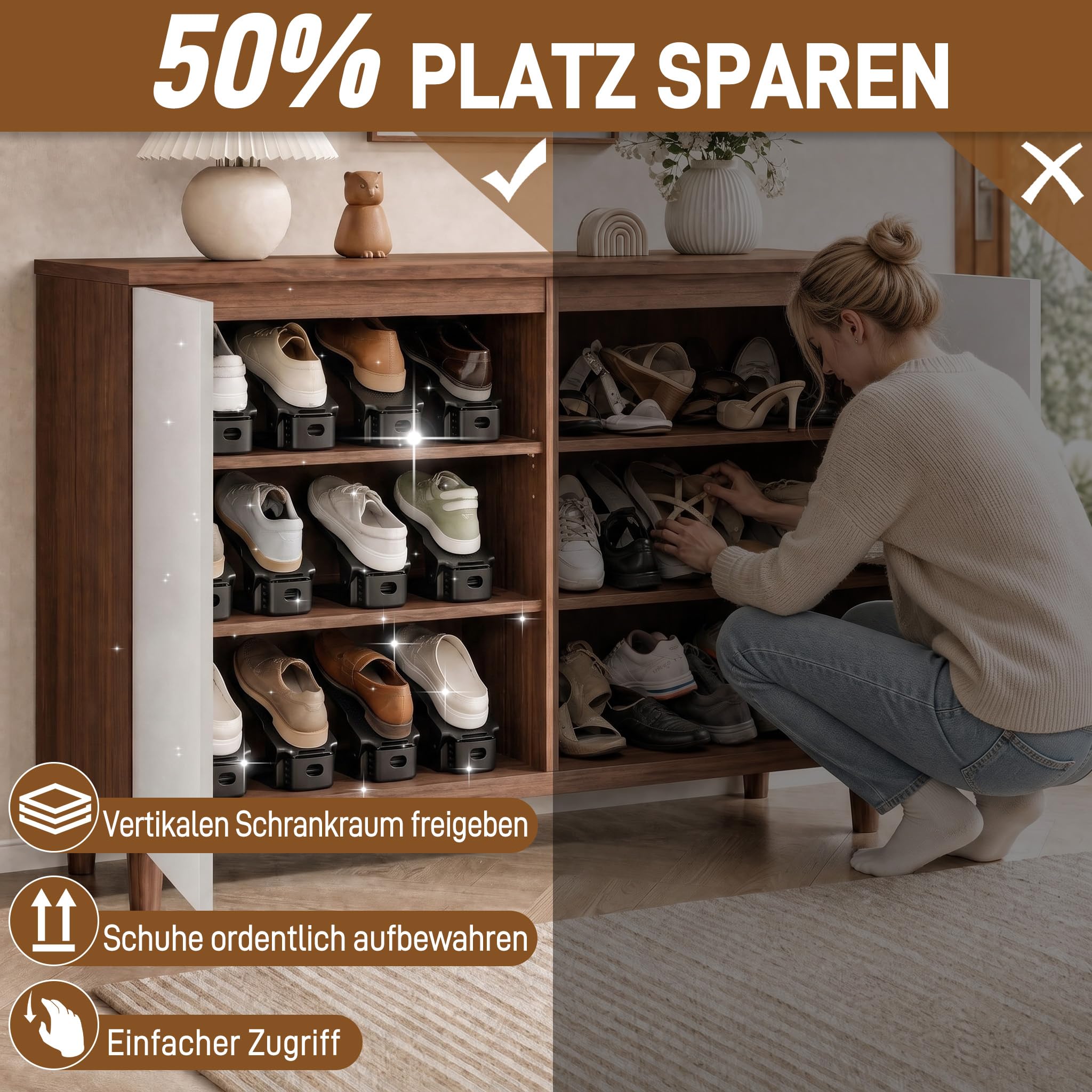 Froadp Lot de 30 organiseurs de chaussures réglables en polypropylène antidérapant avec 3 hauteurs réglables en hauteur - Double couche - Rangement peu encombrant - Noir