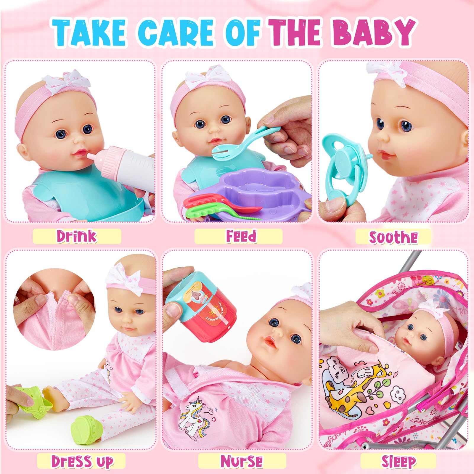 vamei Kit Accessoire Bebe pour Poupon, Accessoires Poupon avec Poupee & Poussette de Poupee & Cheval à Bascule & Sac & Vêtements, Jouet Jeu de Rôle Anniversaire Cadeau Fille Enfant 2 3 4 5 6 Ans