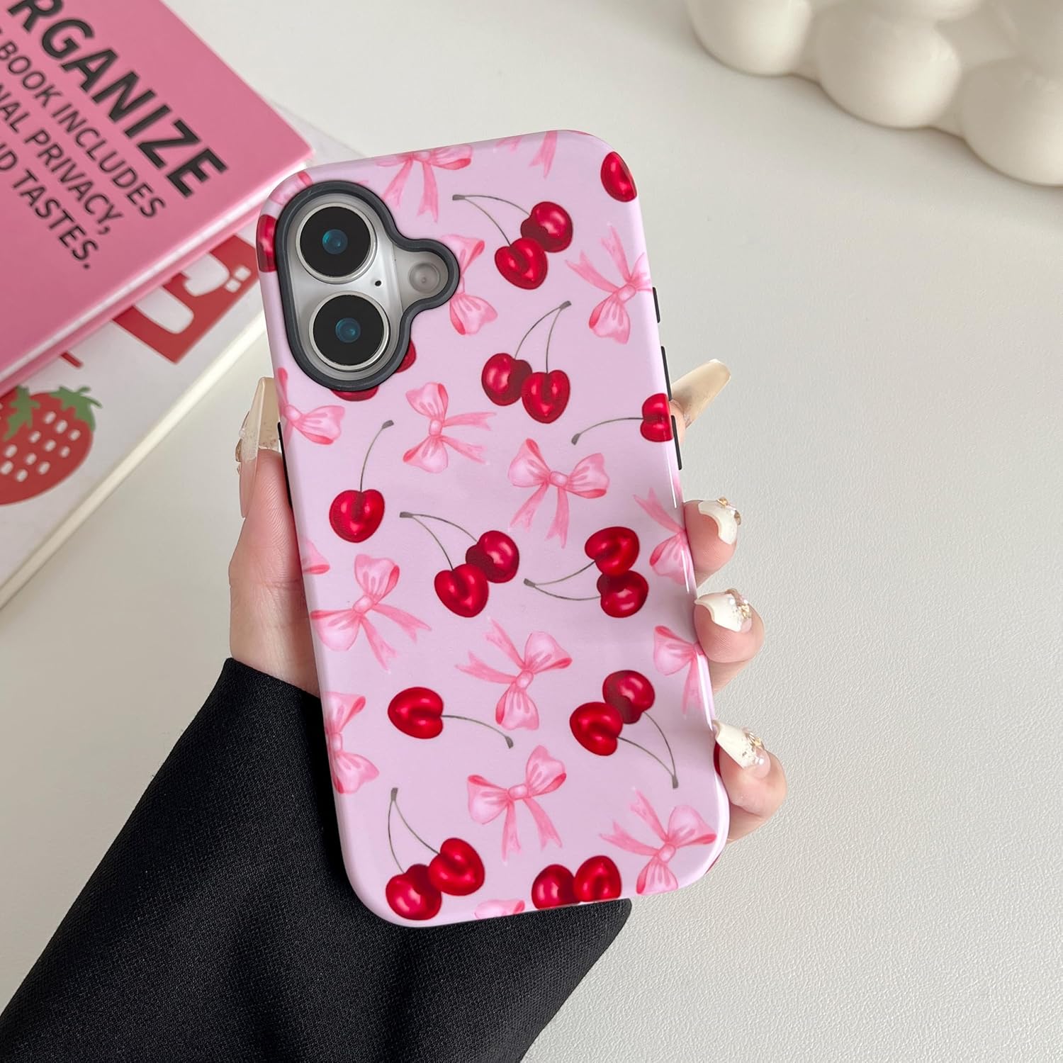 DEFBSC Case for iPhone 16 Plus, Cute Pink Bow Cherry Print Aesthetic Trendy Pattern for Women Girls Slim Durable Bumper Shockproof for iPhone 16 Plus Case, Pink Ribbon/Glossy - Image 2