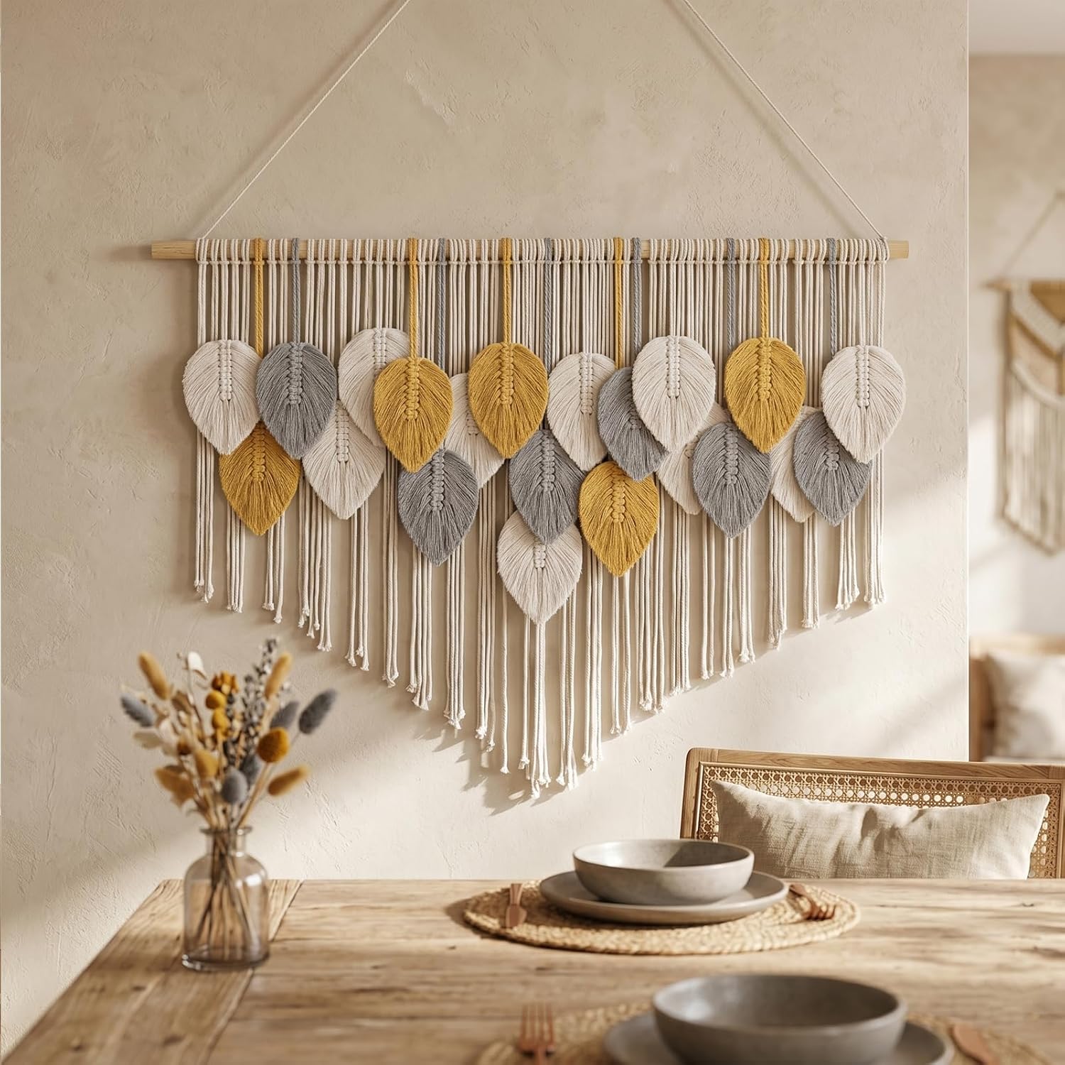 Tempospark Large Macrame Wall Hanging, 39" Wx29 L Boho Wall Hanging, Boho Chic Leaves Tassels Tapestry for Bedroom, Living Room, Dining Room, Nursery, Hallway, Balcony