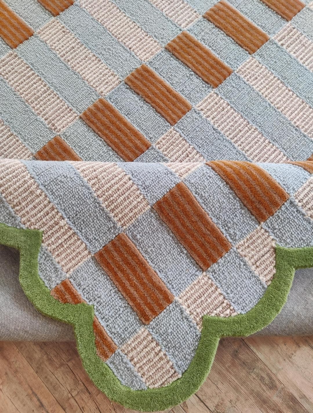 Geometric Area Rug with Scalloped Border, Blue Beige Orange Green, Textured Checkered Pattern, Modern Contemporary Style (270 * 270 cm)