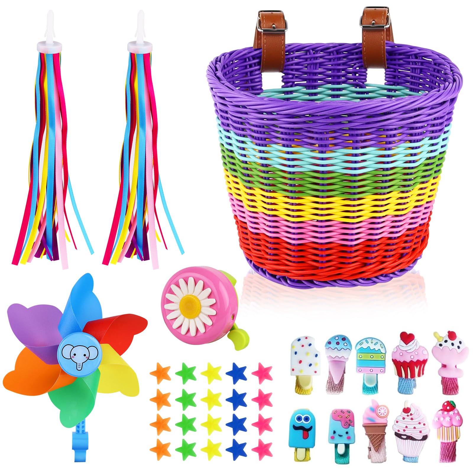 Kids Bike Basket, Detachable Bike Basket for Girls with Colorful Bicycle Streamers, Bicycle Bell, Windmill, Wheel Beads