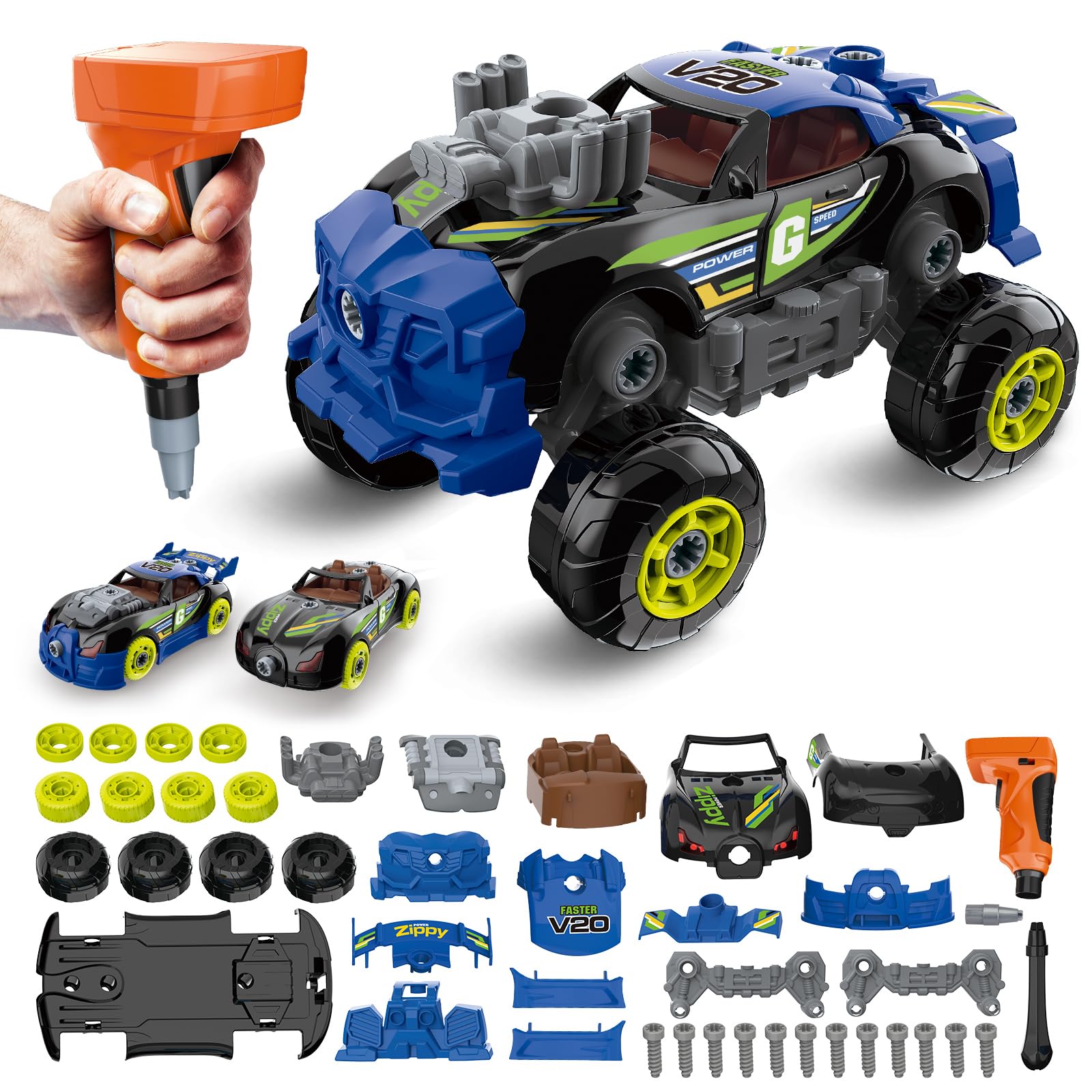 Pup Go Auto 3-in-1 Camion da Costruzione per Bambini di 3 4 5 6 Anni, 43 Pezzi con Trapano Elettrico, Giocattolo Camion da Costruzione, Costruisci la Tua Auto, Regalo Giochi Ideale per Ragazzi (Nero)