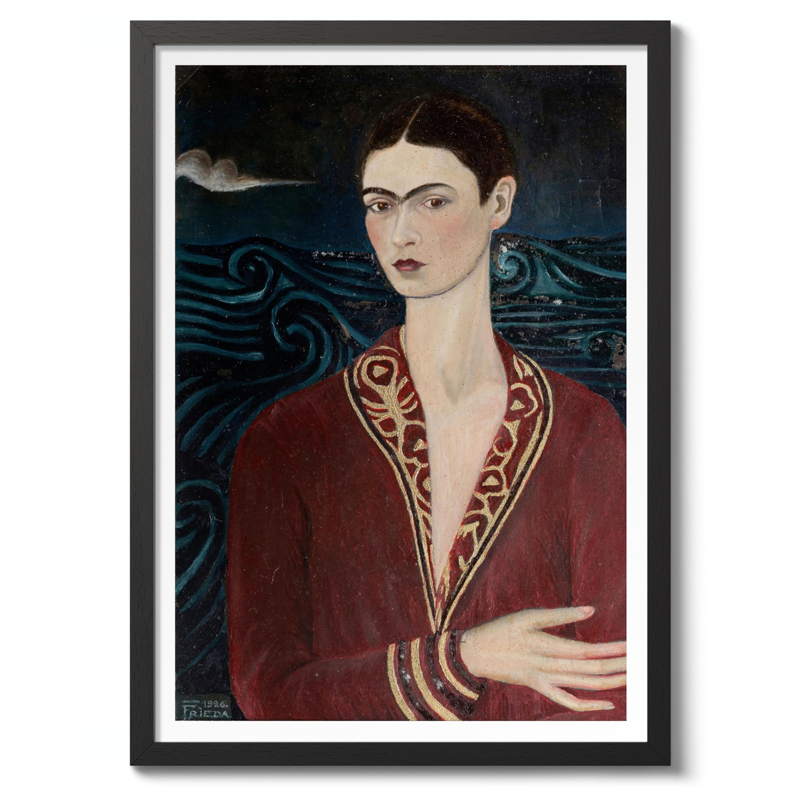 Self-Portrait Wearing A Velvet Dress Frida Kahlo Poster, Classic Art Painting Print, Art Exhibition Neutral Wall Art, Vintage Minimalist Home Decor Picture, A4 (Black Frame) - 32.7x24.1cm