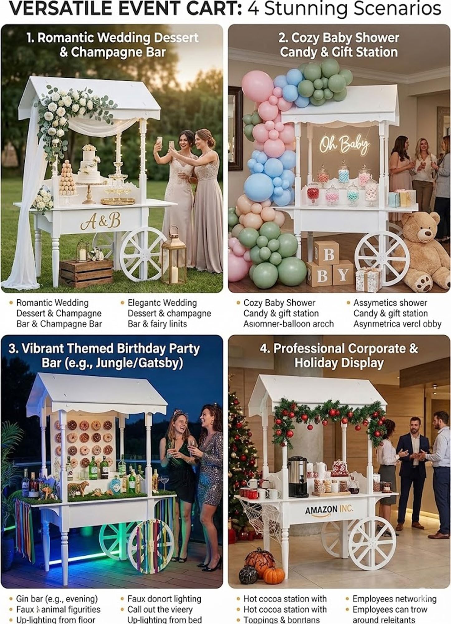 Carrito de caramelos blanco para bricolaje, mesa de 62 pulgadas, impresionante carrito de dulces para fiestas de cumpleaños, bodas y centros de mesa de baby shower, ruedas fijas para fotos