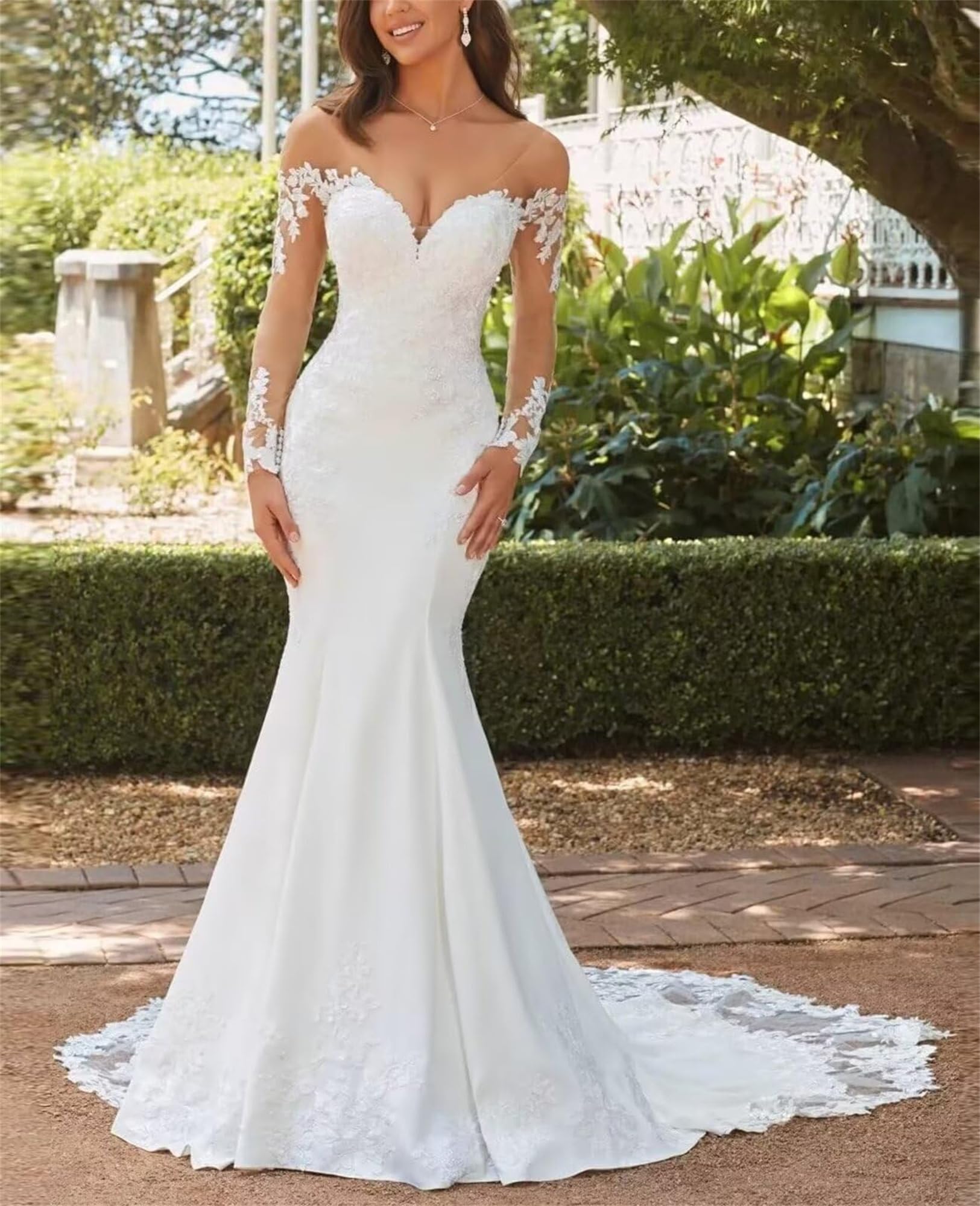 Meerjungfrauen Spitzen Brautkleider Off The Shoulder Boho Beach Hochzeitskleider Braut Spitzen Langarm Hochzeitskleider