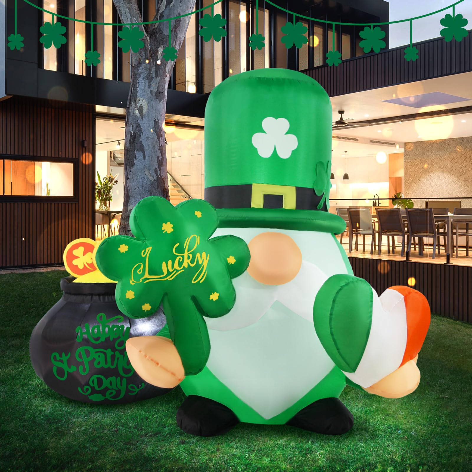 Nain gonflable de 1,2 m avec trèfle lumineux LED étanche pour la Saint-Patrick