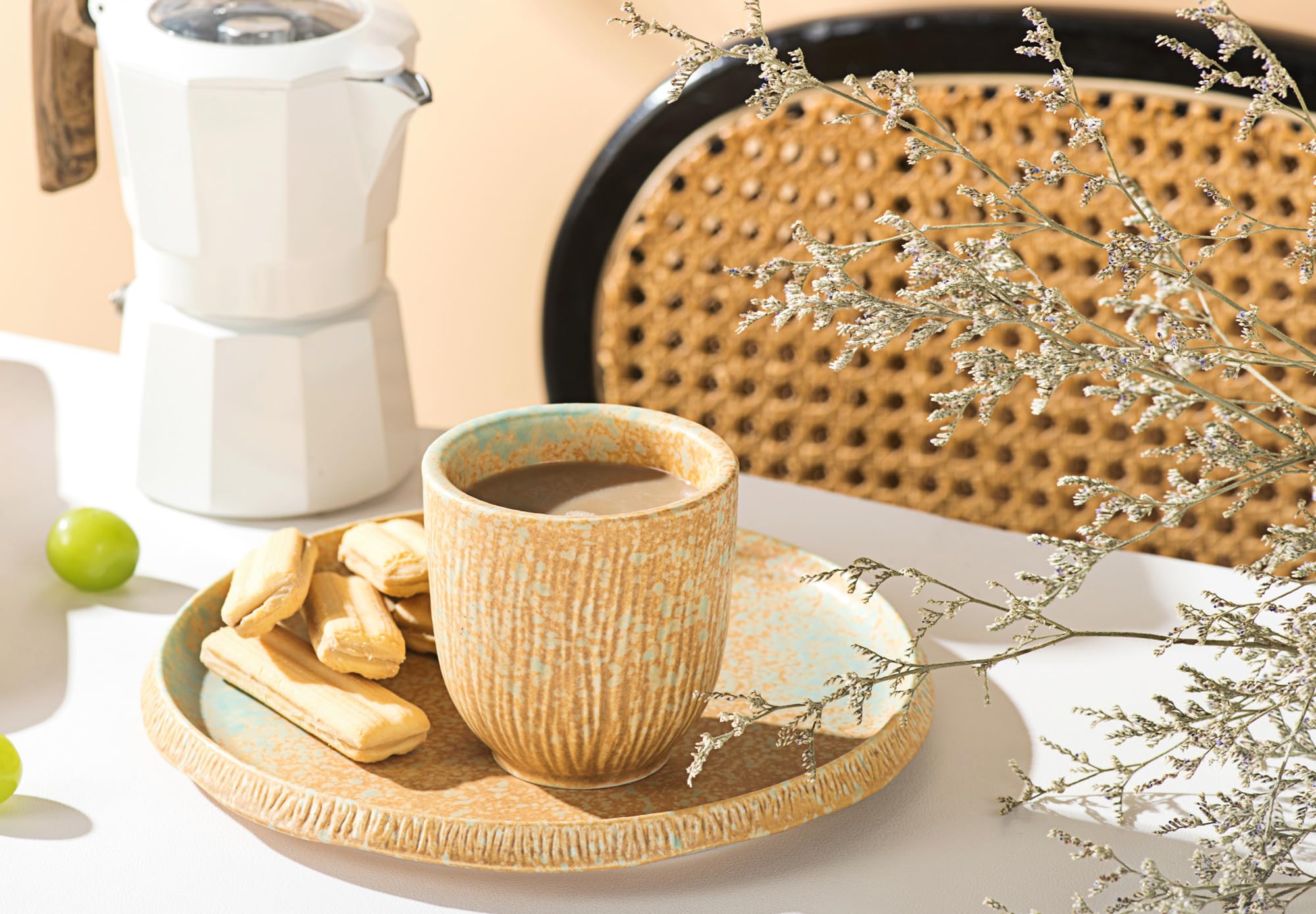 Set di 4 tazze da caffè in ceramica con piattino, 170 ml, realizzate a mano, in ceramica, stile giapponese, per cappuccino