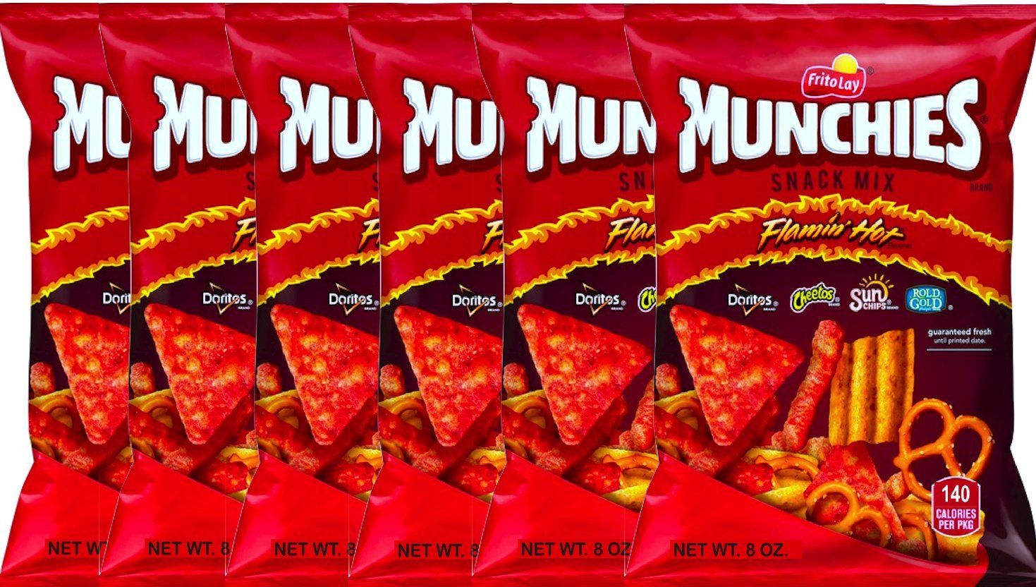NEW Munchies Flaming’ Hot Snack Mix Doritos, Cheetos, Sun Chips, Rold Gold Net Wt 8 Oz. (6)