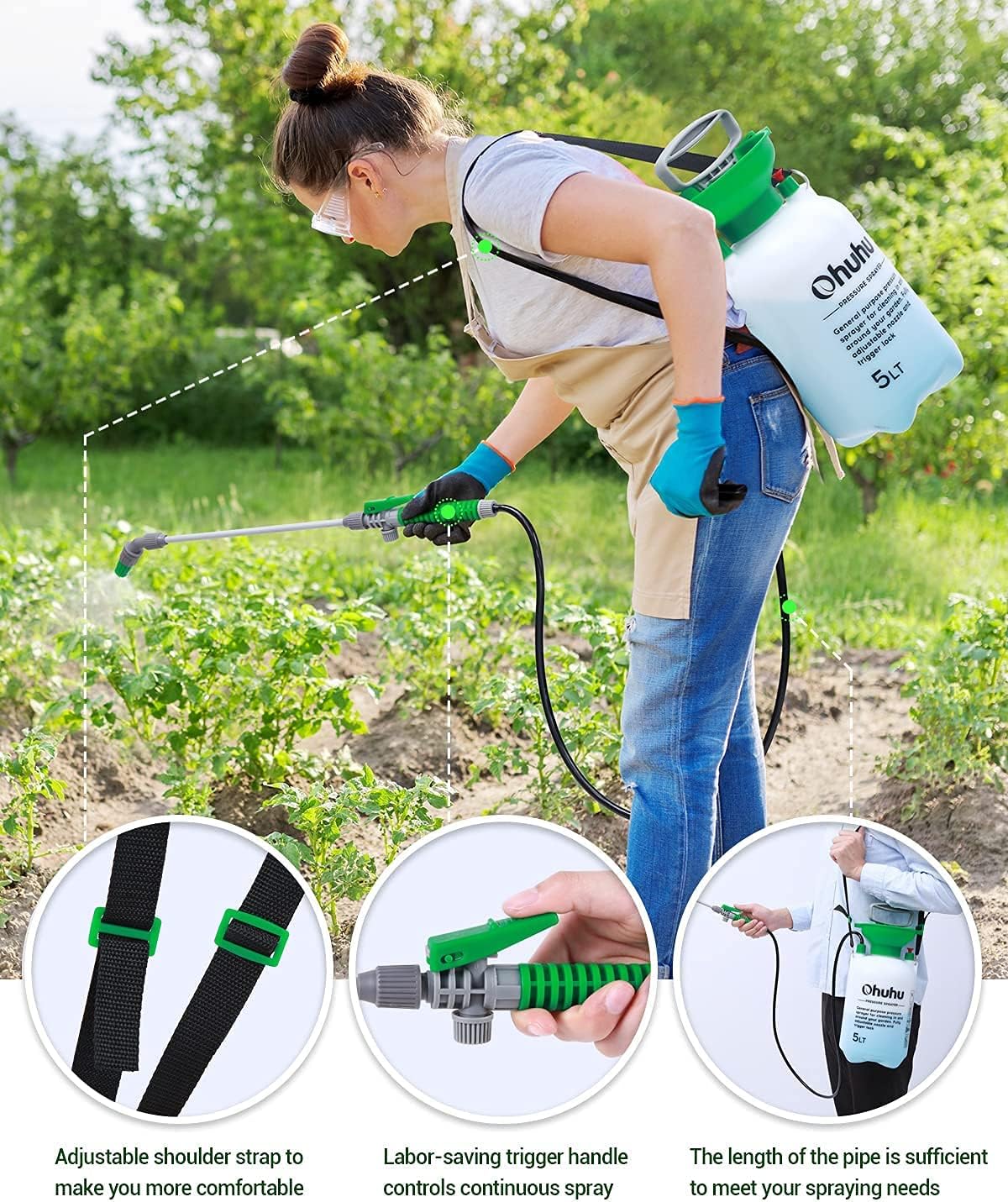 Pump Sprayer, Ohuhu 1.3 Gallon/ 5L Multi-Purpose Lawn & Garden Pressure Sprayer with 2 Different Nozzles, Pressure Relief Valve & Adjustable Shoulder Strap for Fertilizers, Watering Plants, Cleaning