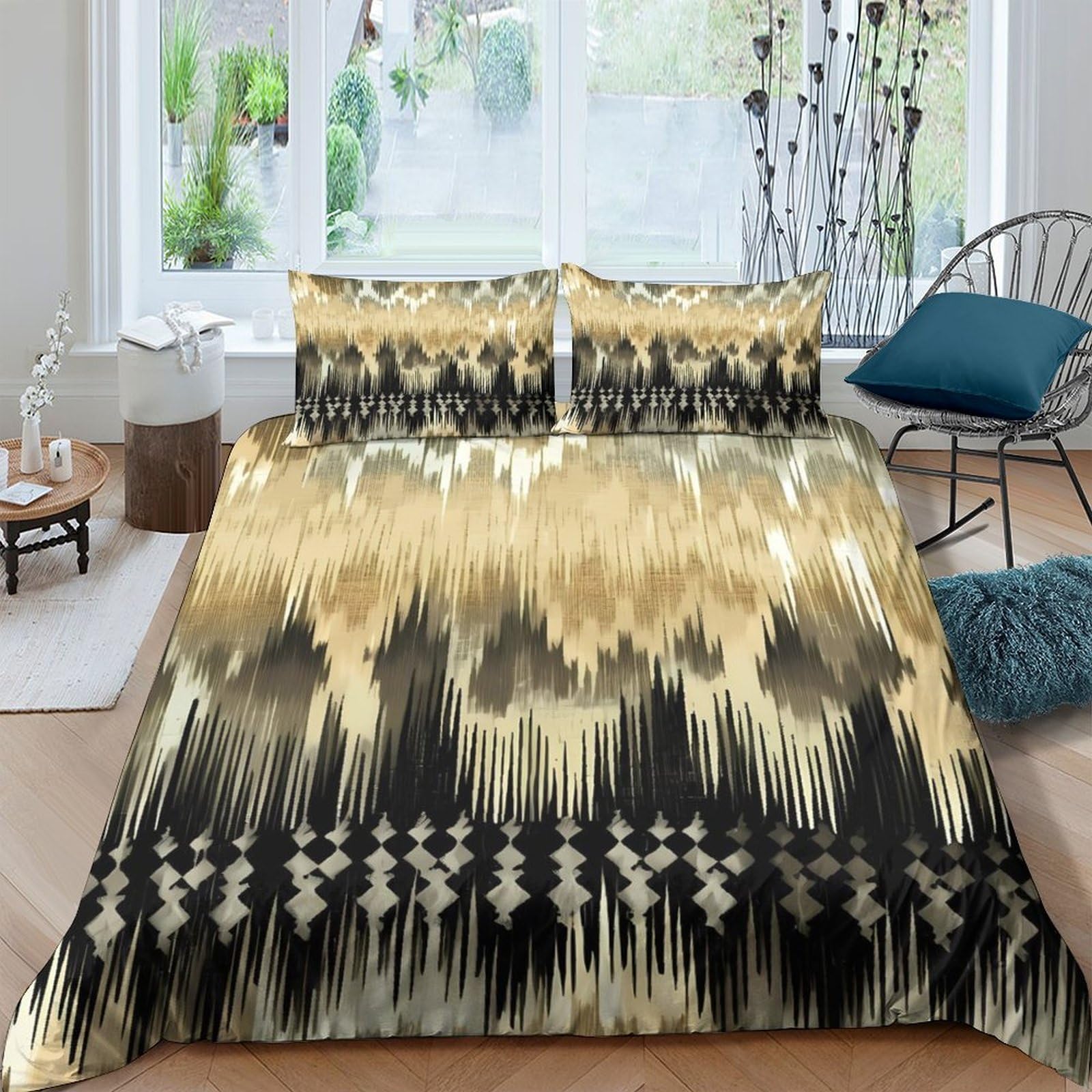 GPLZQXKJNH 3D Printed Abstract Golden Wave Duvet Cover Microfiber Soft Breathable Ikat Pattern Bedding Set with 2 Pillowcases for Bedroom Decor Single（135x200cm）