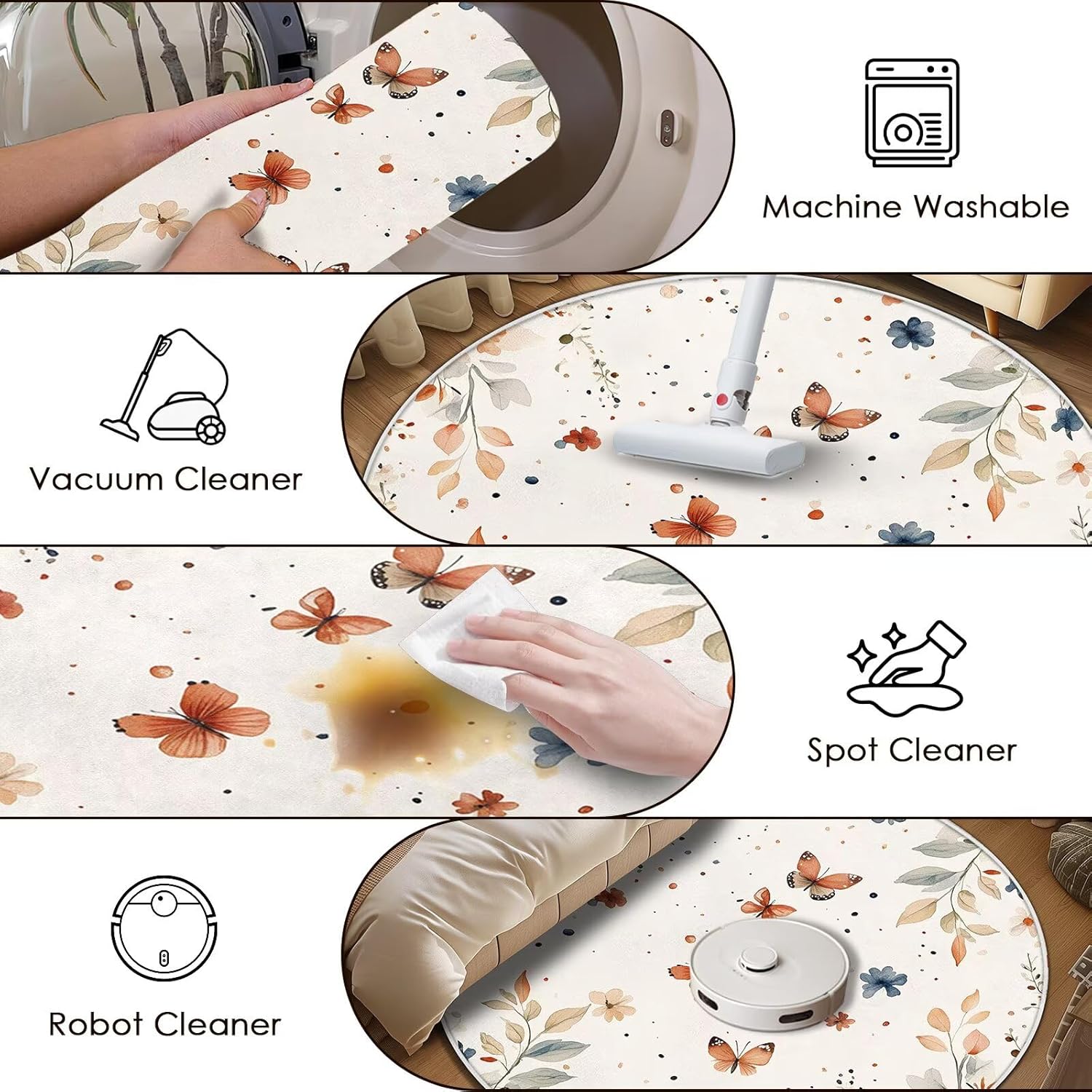 Butterfly Area Rug for Bedroom Living Room, Washable Soft Round Artificial Wool Kids Girls Carpet for Entryway Bedroom Living Room Laundry 4 Feet