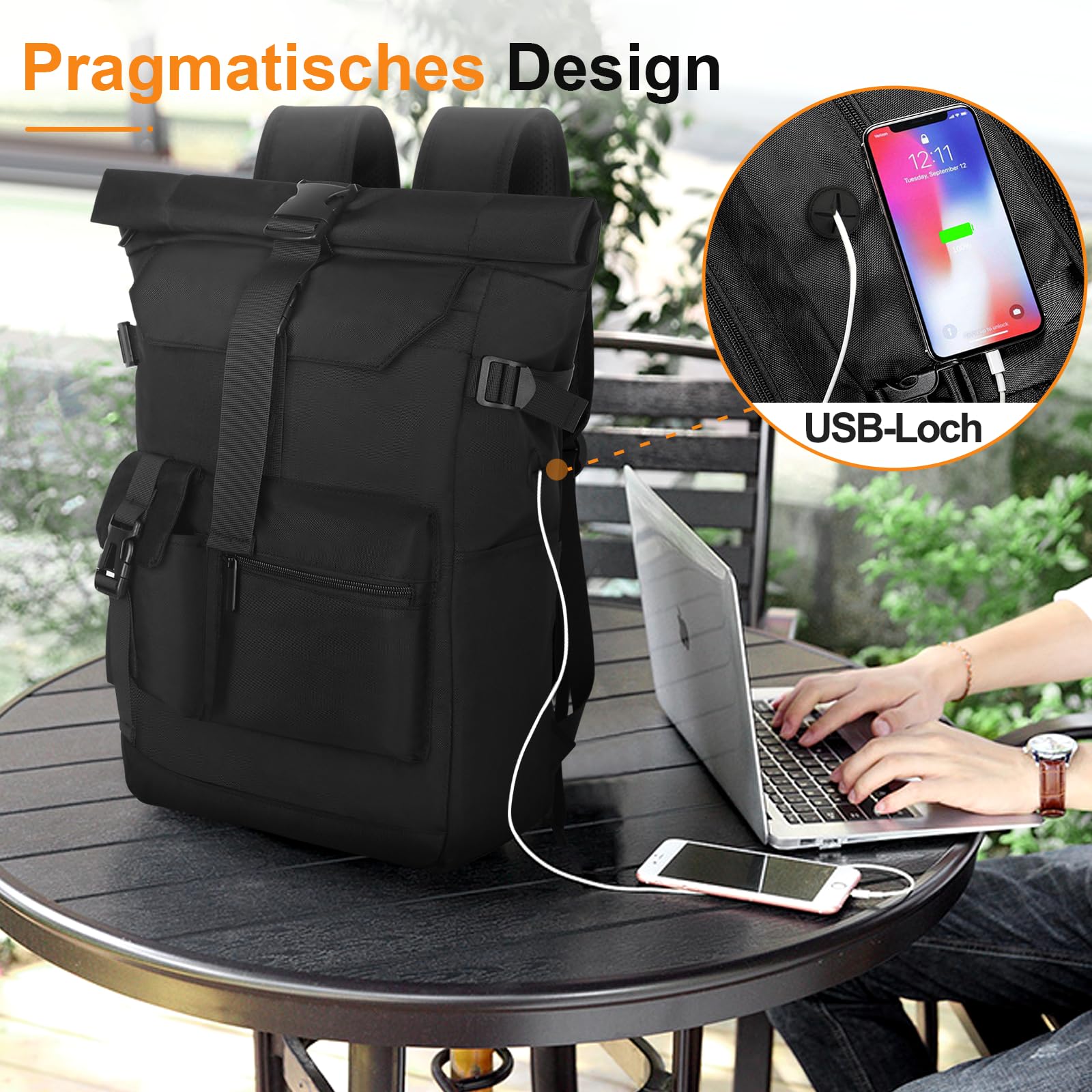 Rolltop plecak wodoszczelny, duży plecak dla mężczyzn i kobiet, Plecak zwijany z kieszenią na laptopa o przekątnej ekranu 17,3", plecak podróżny, plecak turystyczny, do pracy(Czarny) (czarny)