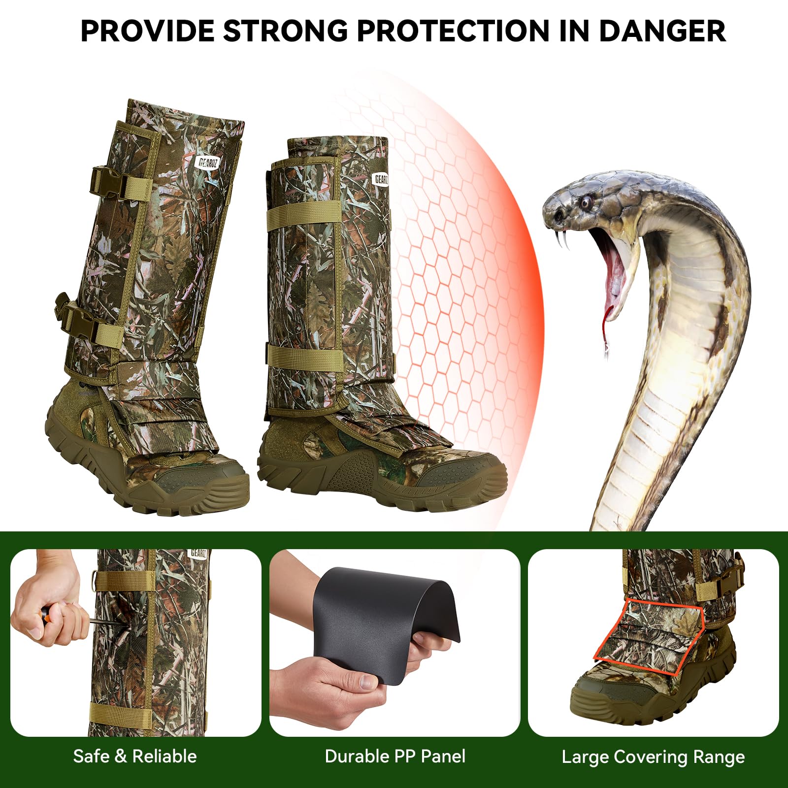 GearOZ Guêtres de protection imperméables pour jambes inférieures - Guêtres de protection contre les morsures de serpent pour homme/femme, taille réglable pour la chasse, la randonnée, le travail