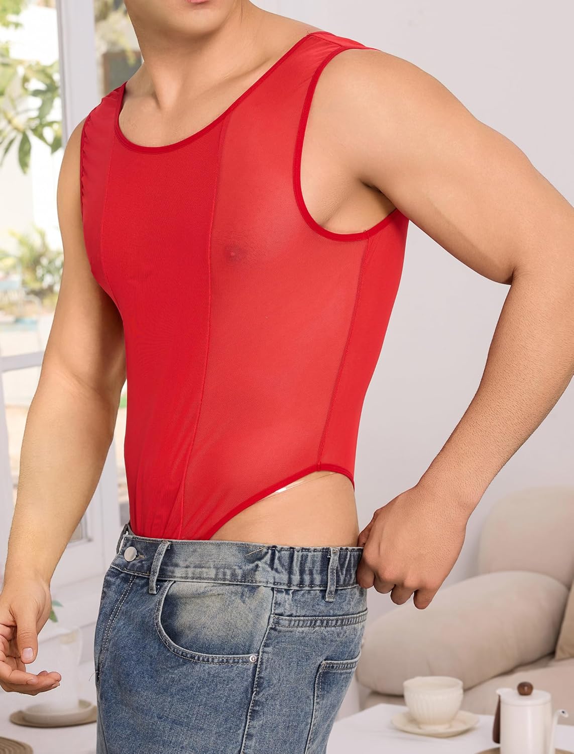 ABAFIP Men's Sheer Mesh Bodysuit Deep U Backless See Through High Cut Thong Leotard Crossdressing Lingerie - Image 4