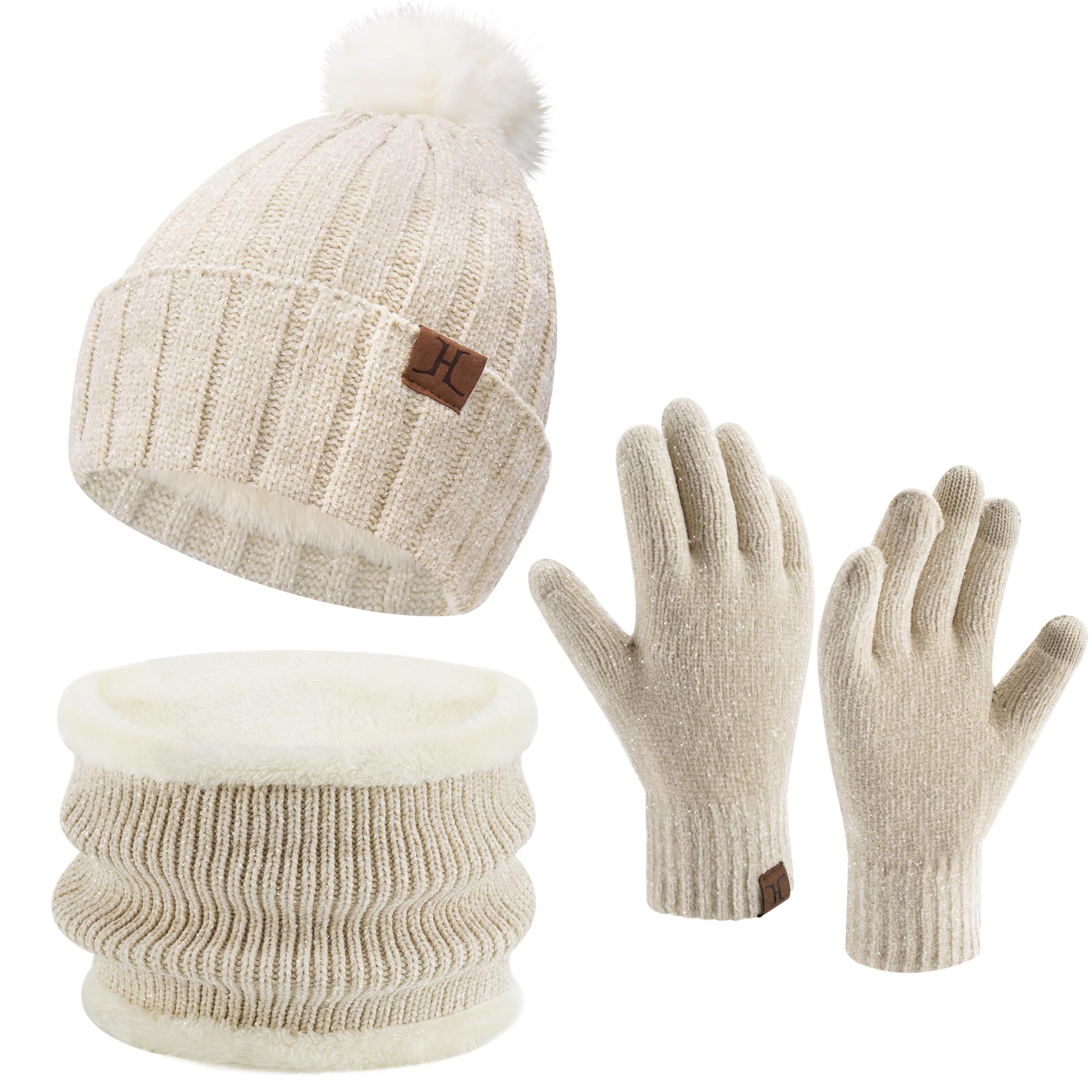 Set Invernale Per Bambini 3-8 Anni - Cappello, Scaldacollo E Guanti Touch Screen, In Maglia Acrilica Con Fodera In Pile, Con Pompon