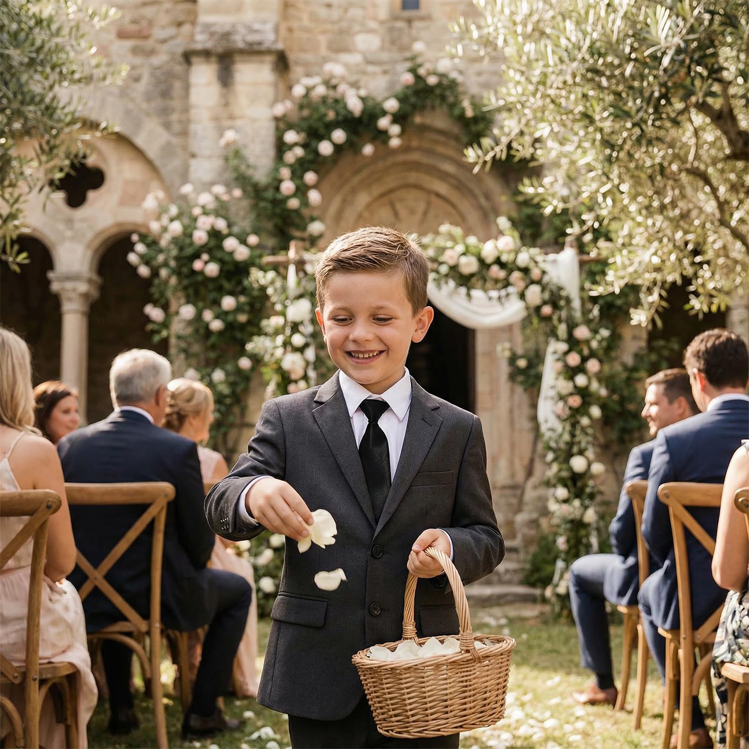 Corbata de satén negra preatada para niños, 28 cm, elástica, corbata formal para niños, para bodas, deberes de Page Boy, bailes escolares y celebraciones especiales