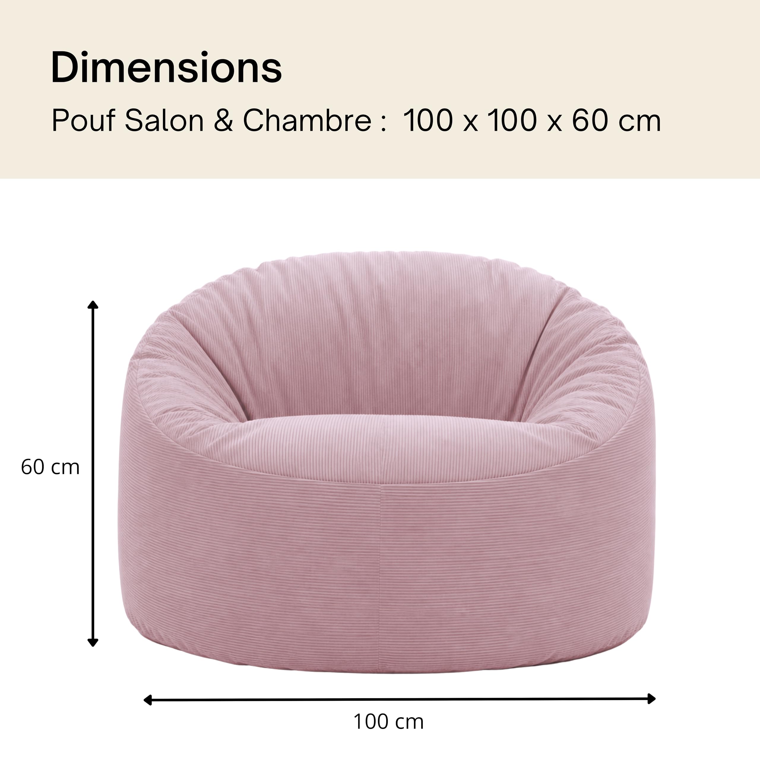 Bananair - Pouf Poire Géant Velours Côtelé, Fabriqué en France - Fauteuil Pouf XXL Remplissage Mousse, Généreusement Rembourré, 100% Confort & Douceur - Idéal Salon, Chambre Adulte, Ado (100 cm, Rose)