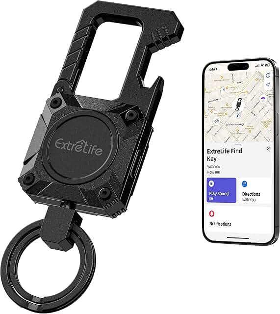 Keychain, Works with Apple Find My, Heavy Duty Keychain Bottle Opener, Carabiner Car Key Chains with Gps Tracker, Key Finder, Bluetooth Tracker for Luggage, Kids, Bags and More, Rechargeable, Black