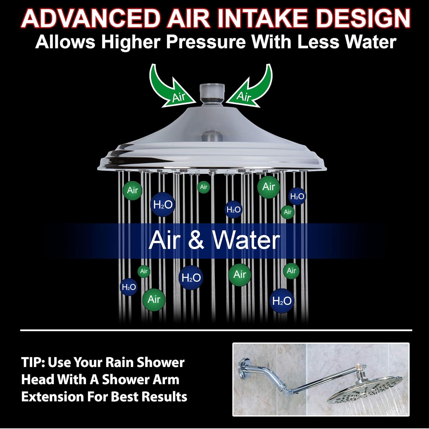 Rainfall Shower Head + Filter + Extension - 8 Inch Large Luxury Rain Showerhead With Water Filter To Remove Chlorine And Adjustable Extender Arm, 2.5 GPM - Chrome