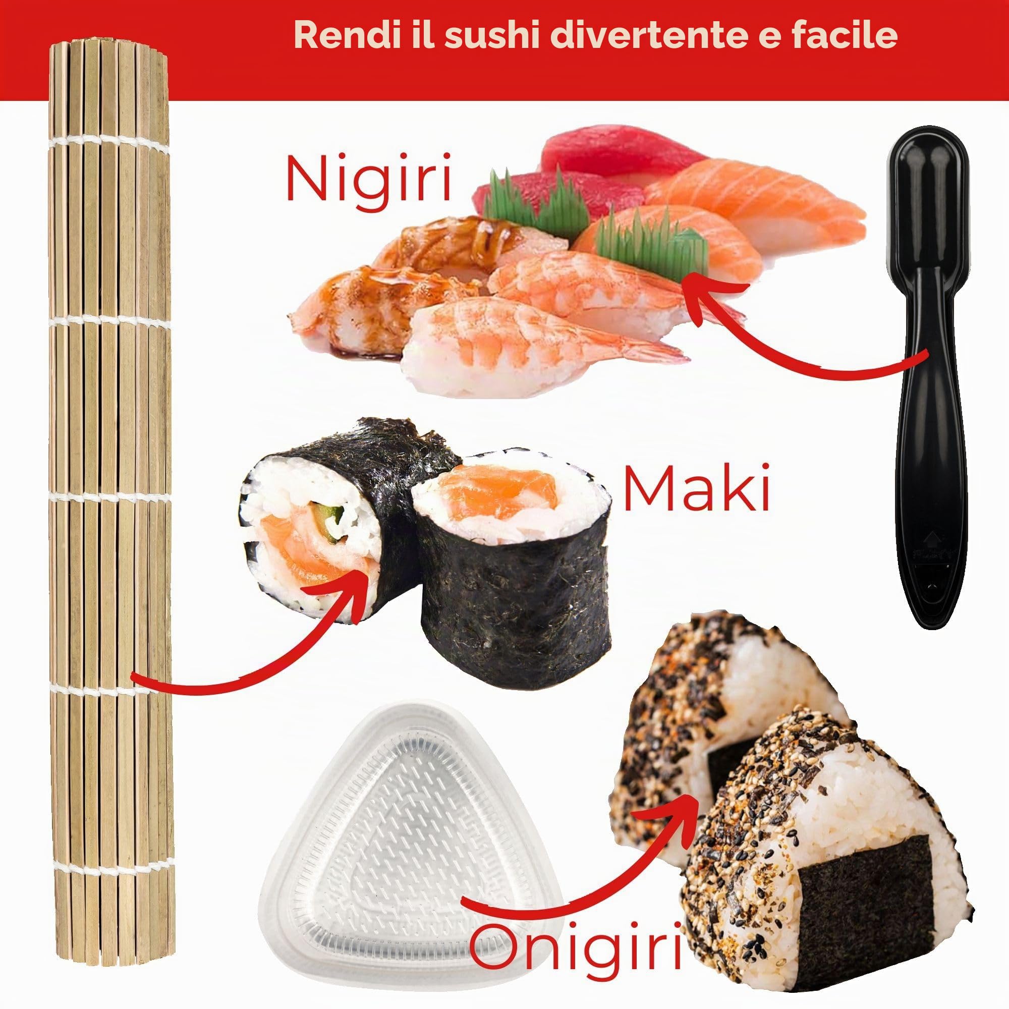 Set sushi completo. Kit sushi fai da te professionale da 17 pezzi. Kit per sushi composto da tappetino di bambù professionale, coltello, stampi di nigiri e onigiri, bacchette, cucchiaio... (Maker B)