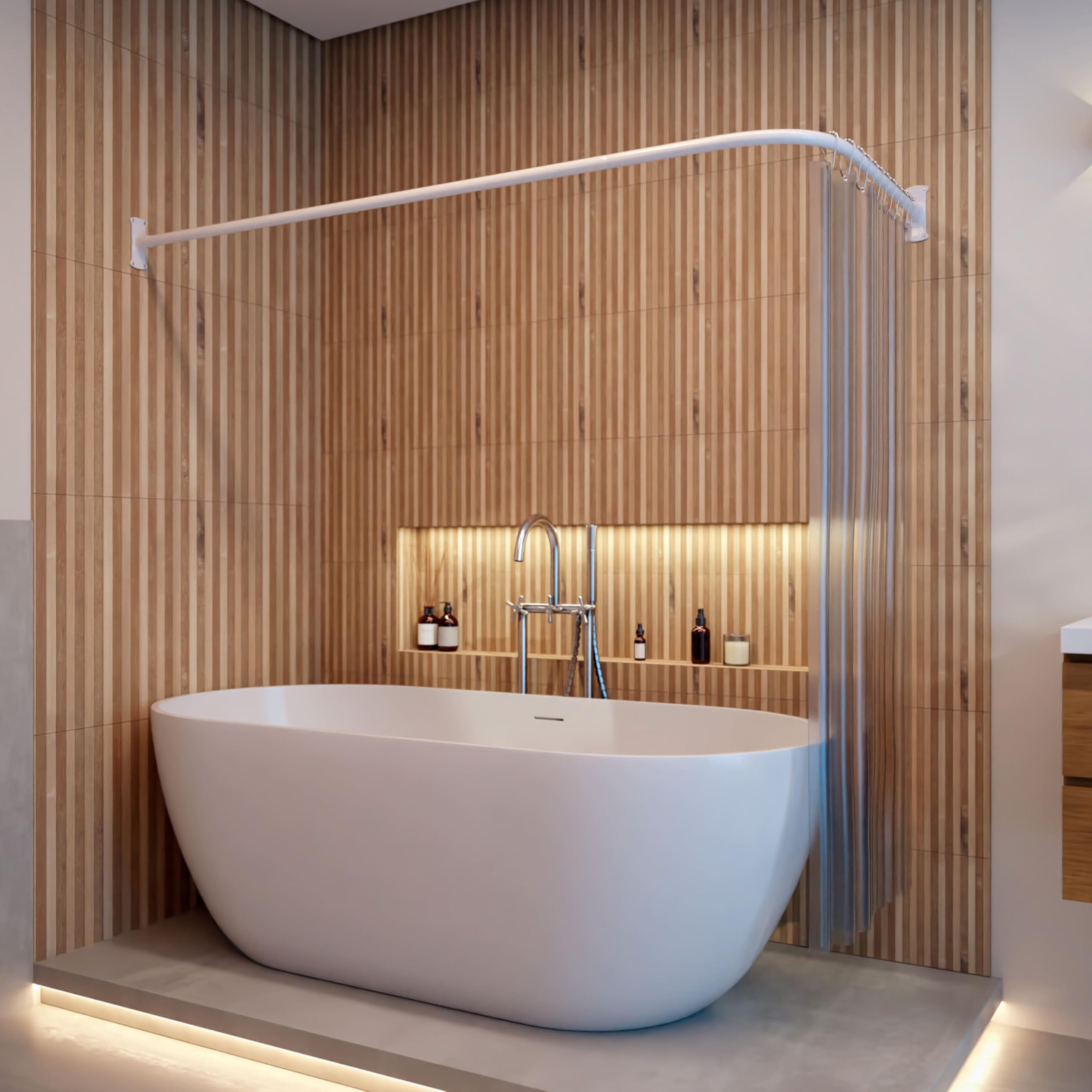 Duschvorhangstange L Form & Duschstange U Form 6 in 1 System inkl. 12 Ringe - Stabile Winkelstange Duschvorhang ohne Deckenhalterung - Duschstange Ecke Rostfrei - Duschvorhangstange Badewanne & Dusche